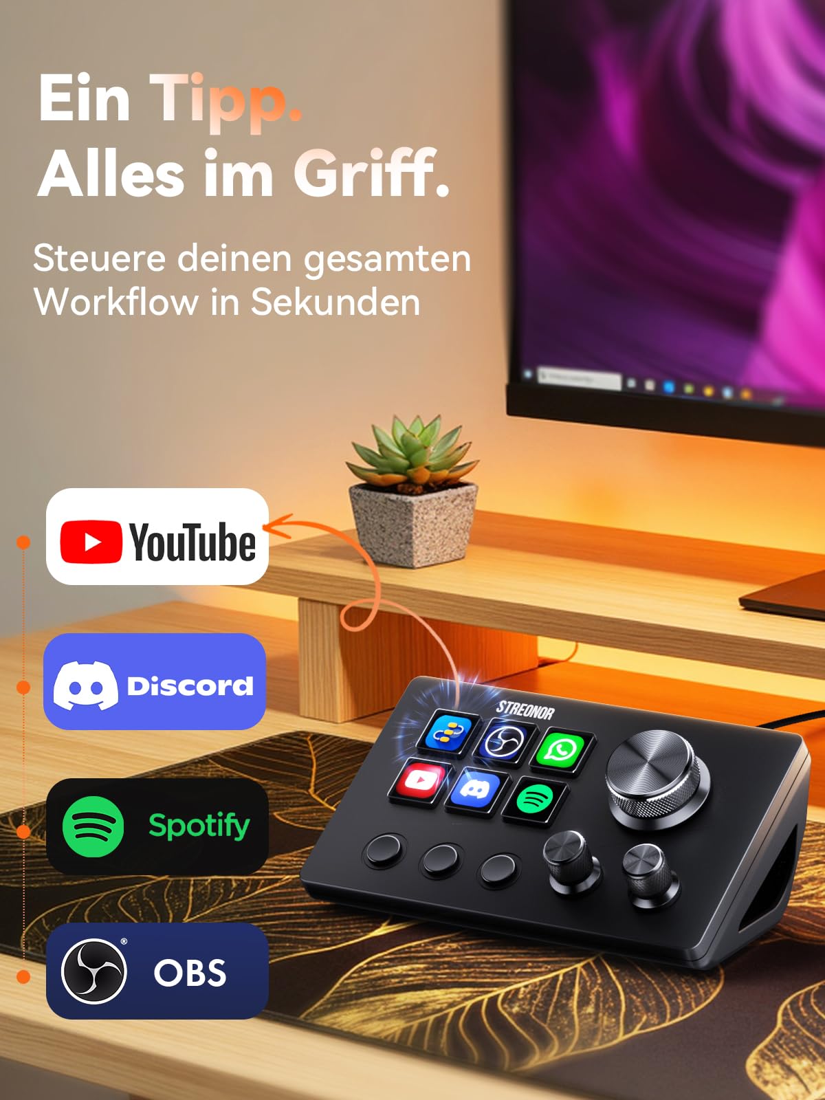STREONOR Stream Controller Mini S6 mit 6 anpassbaren LCD-Makro-Tasten, 3 Drehreglern und 3 Szenentasten für OBS, Twitch, YouTube, Content Creators, Streaming & Gaming, kompatibel mit PC & Mac, Schwarz