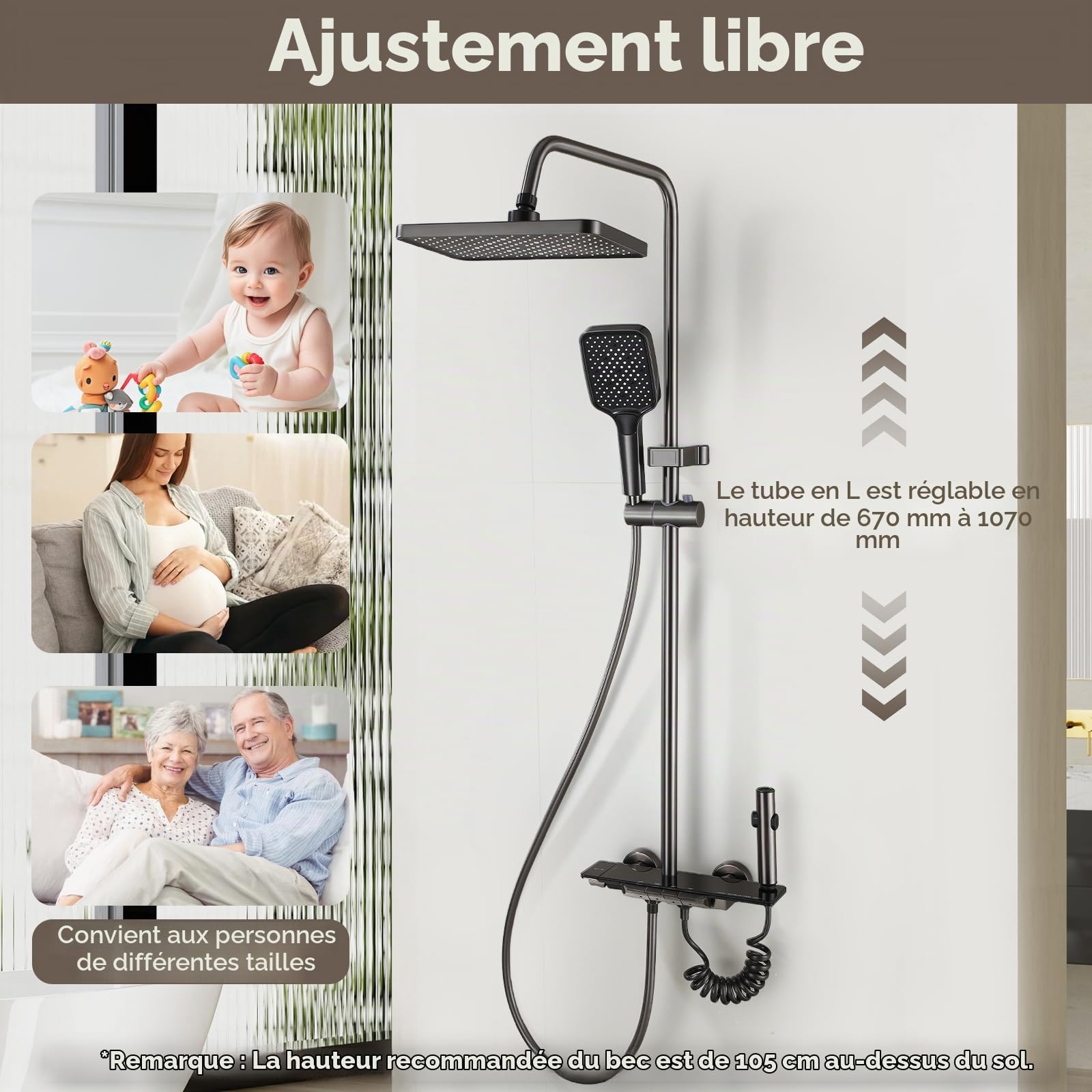 Colonne de Douche 4 en 1, Système de Douche à Touches Piano, Colonne de Douche Réglable en Hauteur Intégrant une Douchette Hygiénique, avec Douchette à Main et Robinet, Baignoire Cascade