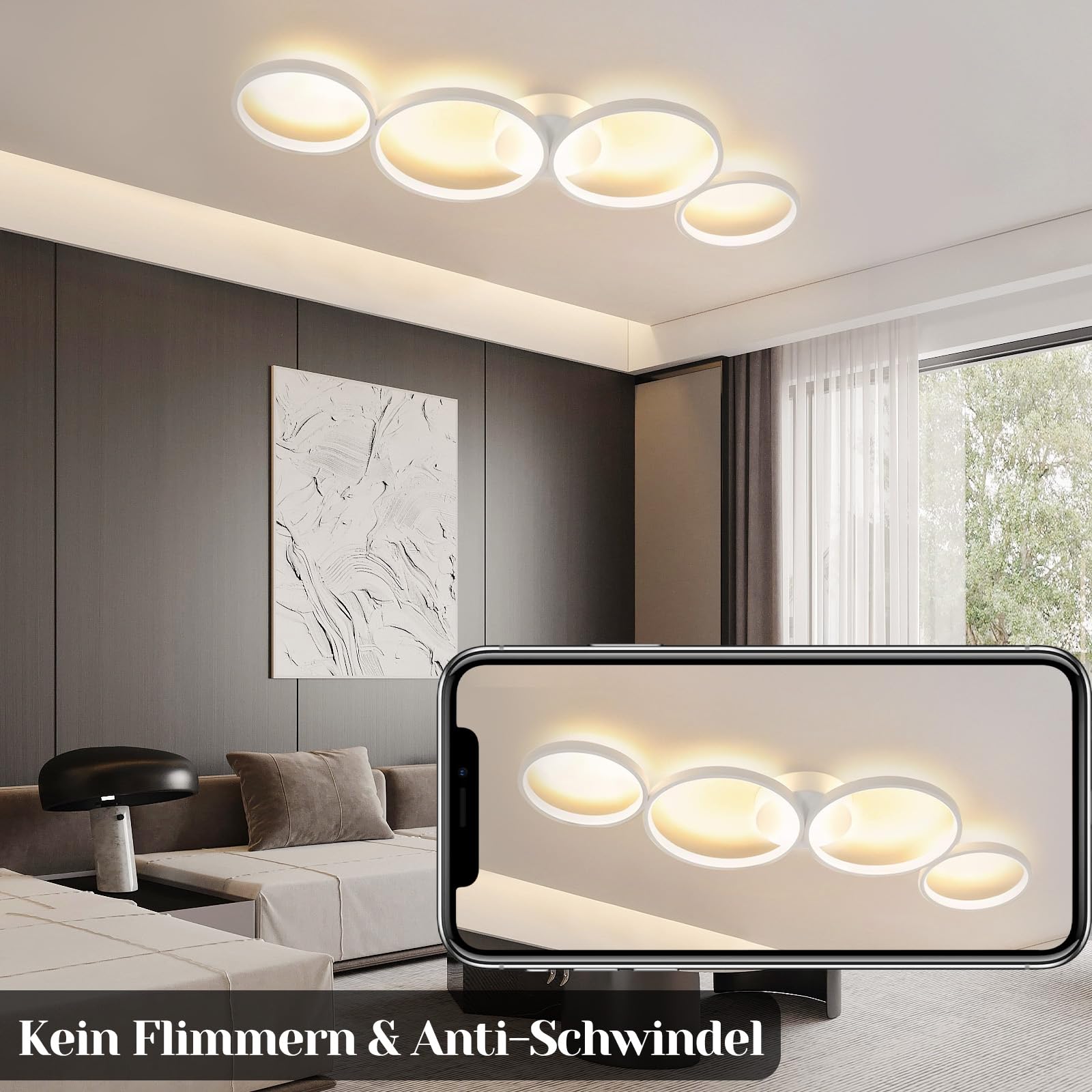 GBLY lampa sufitowa LED, nowoczesna, 4-punktowa, o wyglądzie pierścienia, 3000 K, ciepła biel, okrągła, 37 W, do salonu, z aluminium, do sypialni, salonu, korytarza, biura, gabinetu, 89 cm