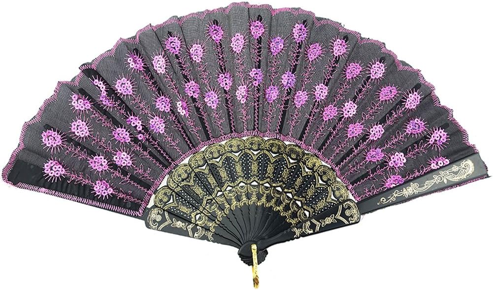 INNOLIFE Elegant Colorful Embroidered Flower Peacock Pattern Sequin Fabric Folding Handheld Hand Fan Hand-crafted (Full Set - 20pcs Mixed Colors) and 16 carrying pouches