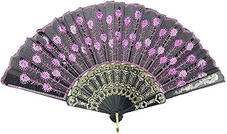 INNOLIFE Elegant Hand-Crafted Folding Hand Fan - Pink Sequin Fabric with Embroidered Flower & Peacock Pattern