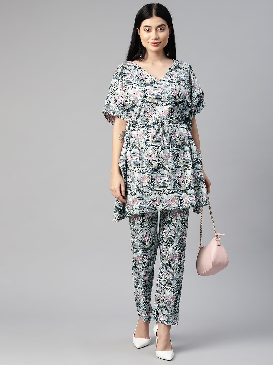 Cottinfab Women Abstract Printed Grey & Pink Drawstring Kaftan Co-ord 4