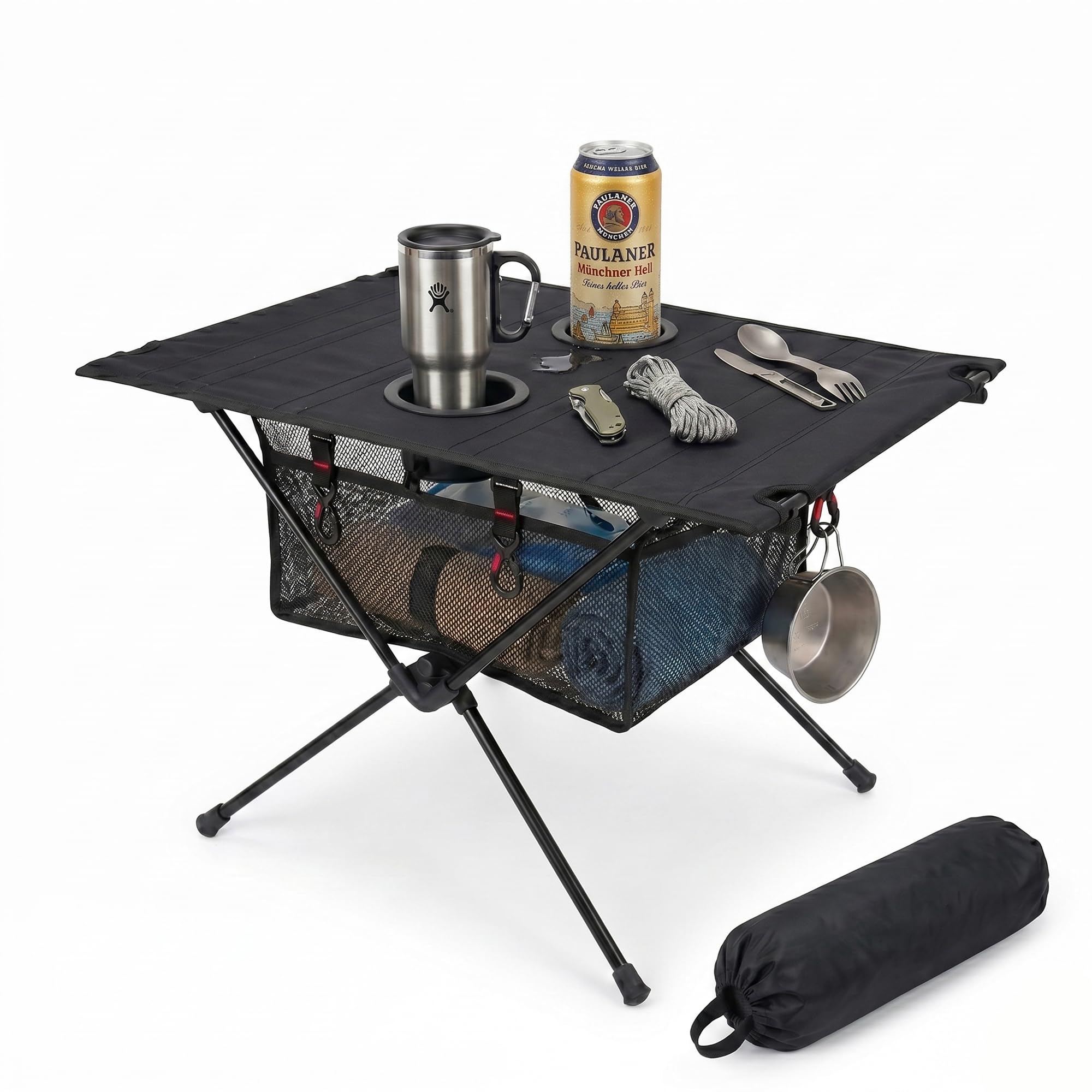 Campingtisch Klappbar Aluminium, Schwarz, 60x39x37cm | Ultraleicht, Taktisch, Aufbewahrungsnetz & 4 Haken, Tragbar, Für Camping, Picknick, Angeln, Grillen