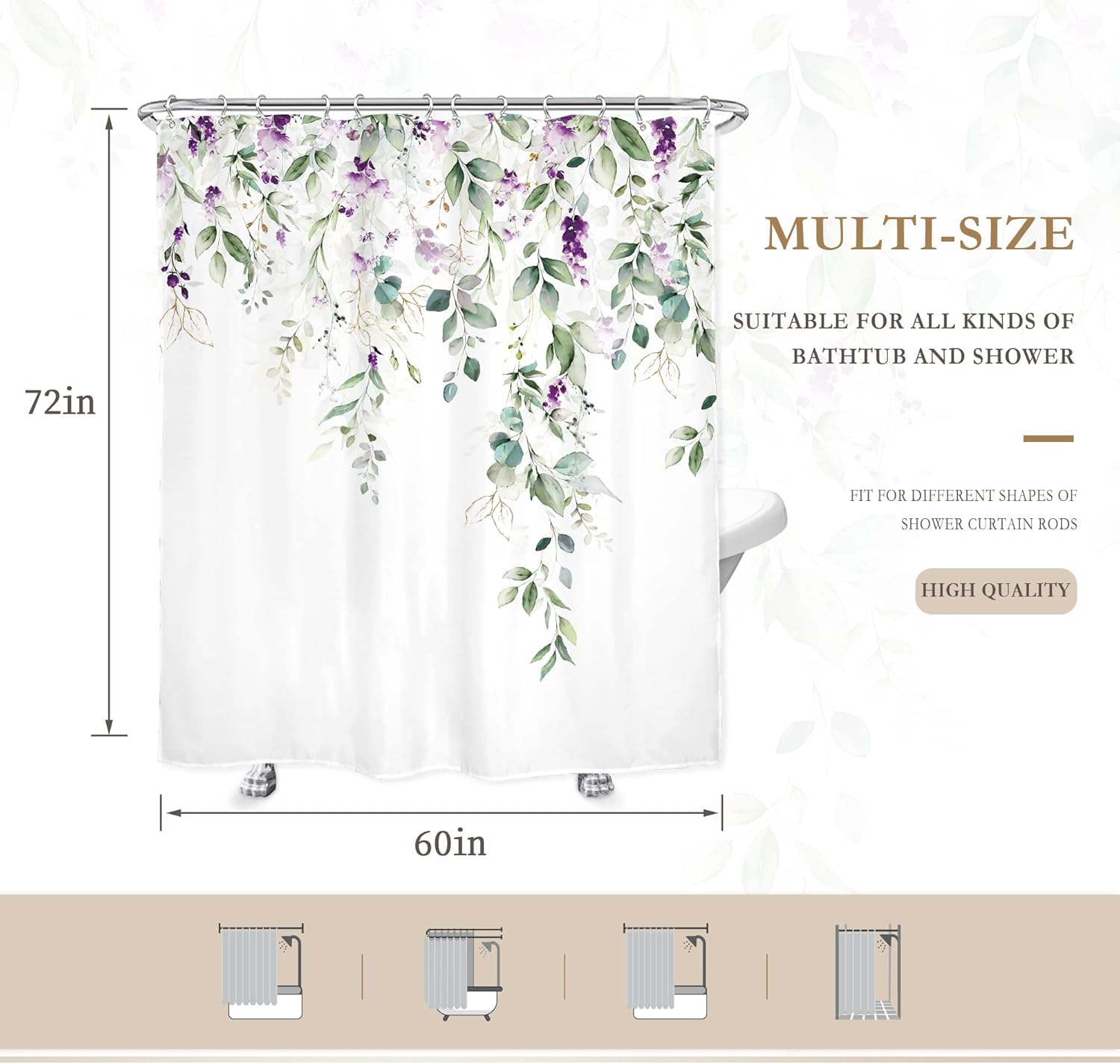 Glawry Green Eucalyptus Lavender Shower Curtain 60Wx72L Inches Watercolor Purple Floral Leaf Botanical Bathroom Plants Lilac Spring Summer Nature Bath Accessories Art Home Decor Fabric 12 Pack Hooks