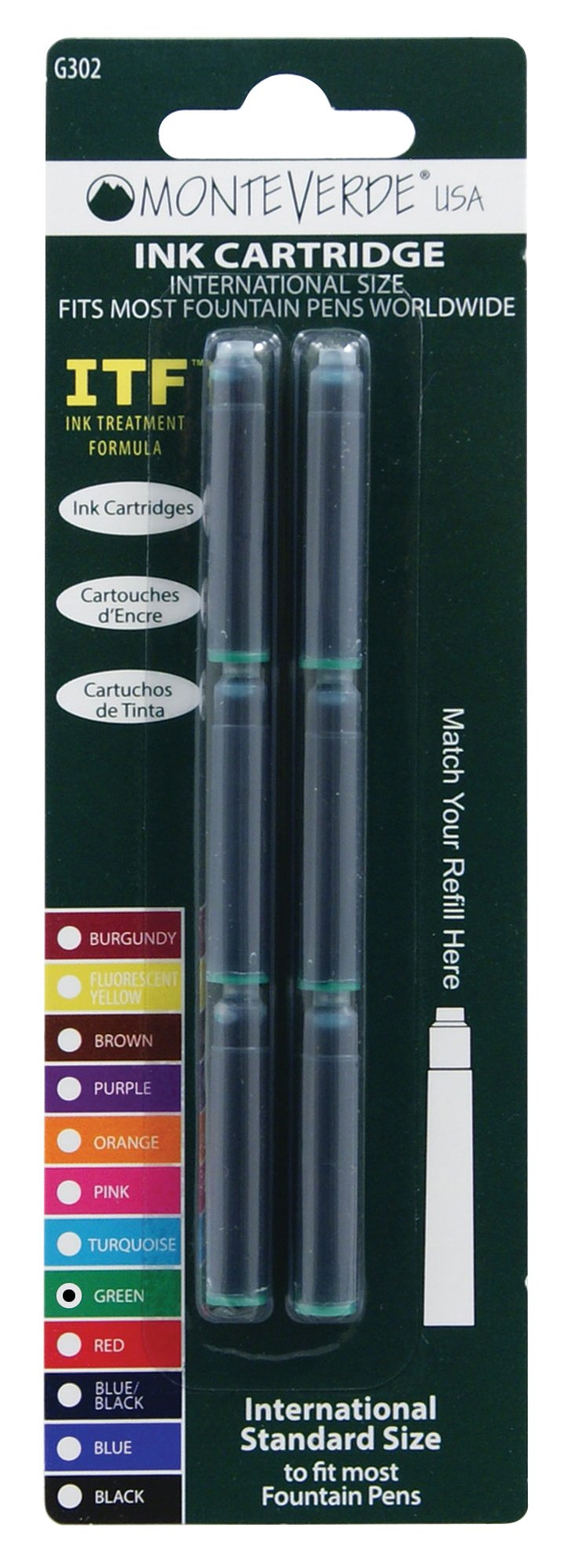 Monteverde - Cartucho para pluma, tamaño internacional, 6 unidades, color verde