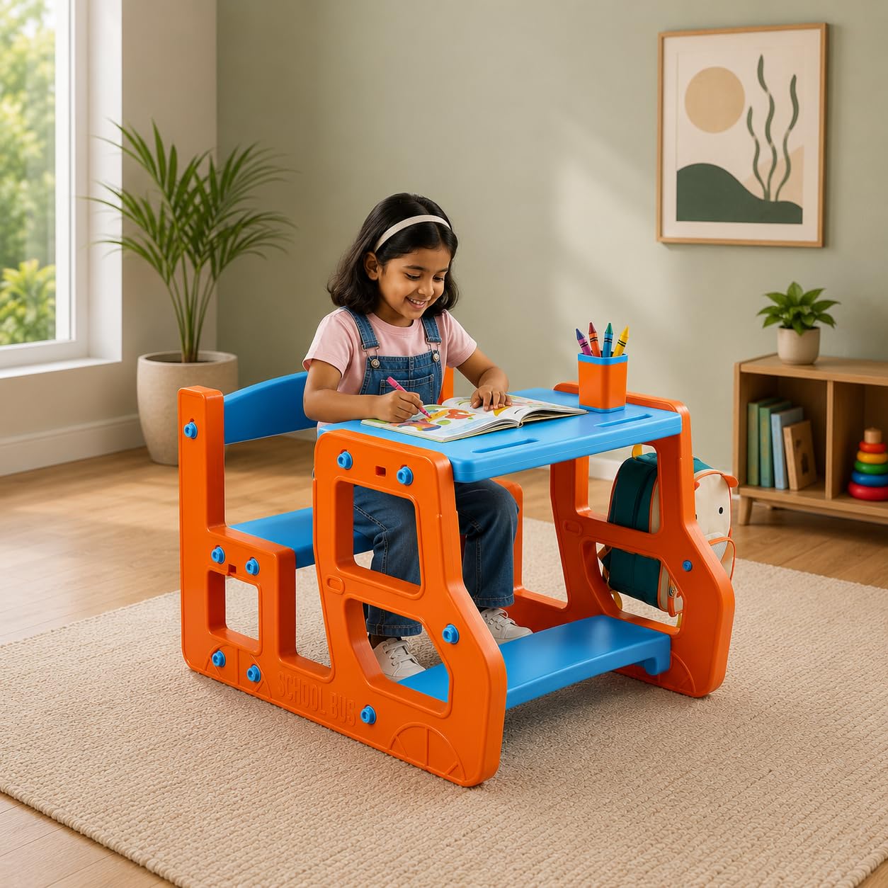 eHomeKart Kids Double Seater Study Table & Bench Set | 90x75x58 cm | School Senior with Backpack Storage | Children Activity Desk Chair for Boys & Girls | Age 3-10 Years-image-32