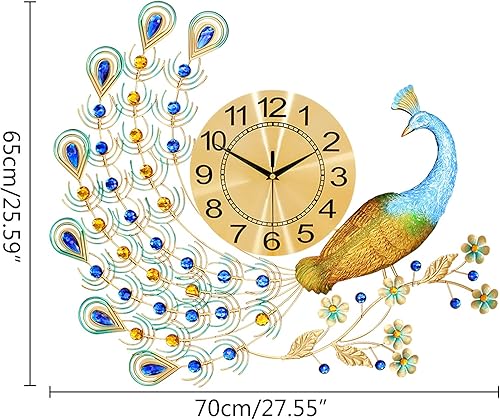 Miniatura 2 de Large Peacock Wall Clock, 27.5 inch Luxury Peacock Clocks Silent Movement Wrought Iron and Metal Dial 3D Silent Wall Clocks Battery Operated Large