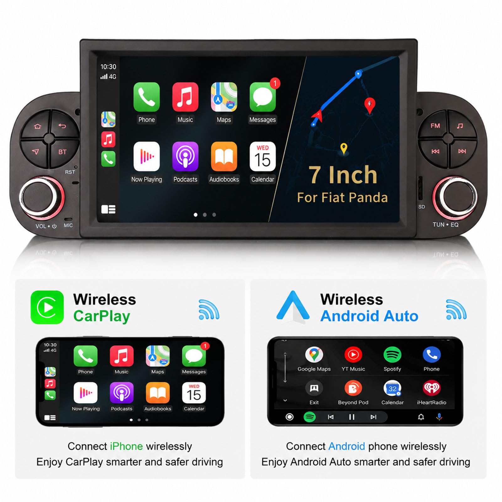 Erisin 4GB+64GB Android 16 Radio Coche Bluetooth para Fiat Panda 2013-2020 | 7 pulgadas 8-Core GPS Navegación IPS Pantalla táctil Soporte Wireless CarPlay Android Auto DSP WiFi 4G Dab+ Canbus RDS FM