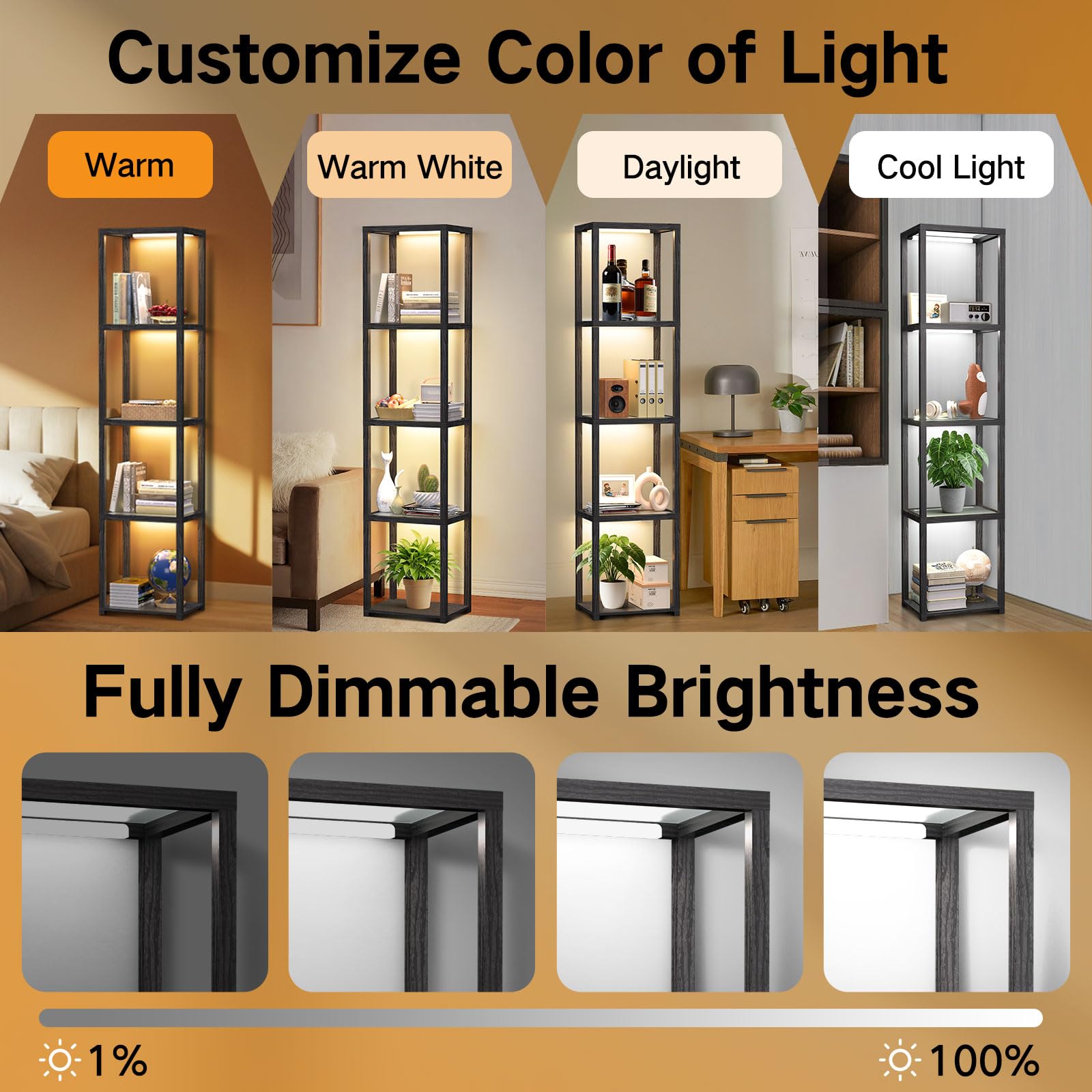 OUTON 170 cm Vitrine en Verre avec Éclairage, Lampadaire LED à Intensité Réglable avec Télécommande et Application, Étagère Ouverte pour Objets de Collection, Salon, Chambre, Noir