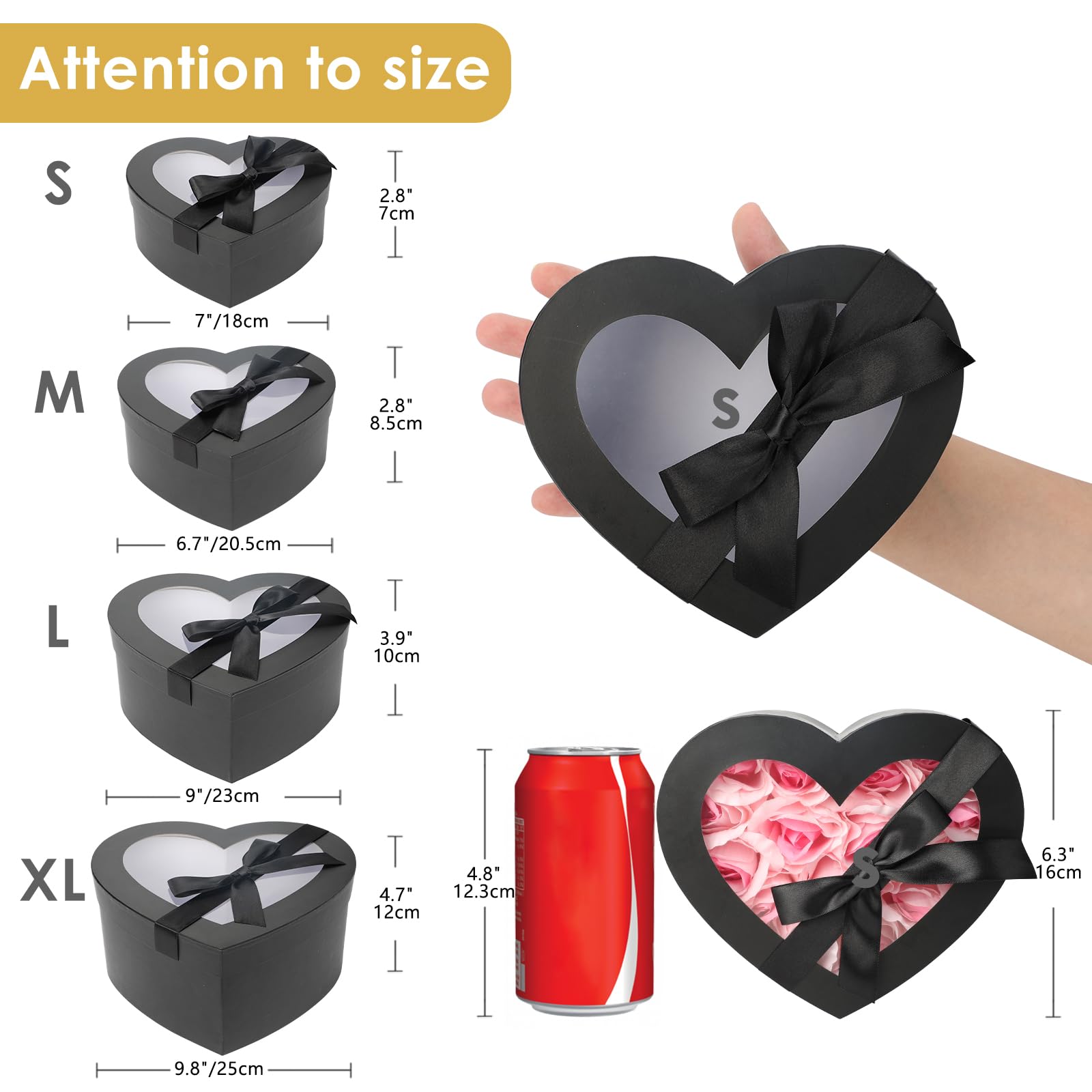 4 scatole regalo nere con coperchio trasparente a forma di cuore, scatole per fiori e cappelli da fiorista, per composizioni floreali, per regali, matrimoni, San Valentino, compleanno, festa della