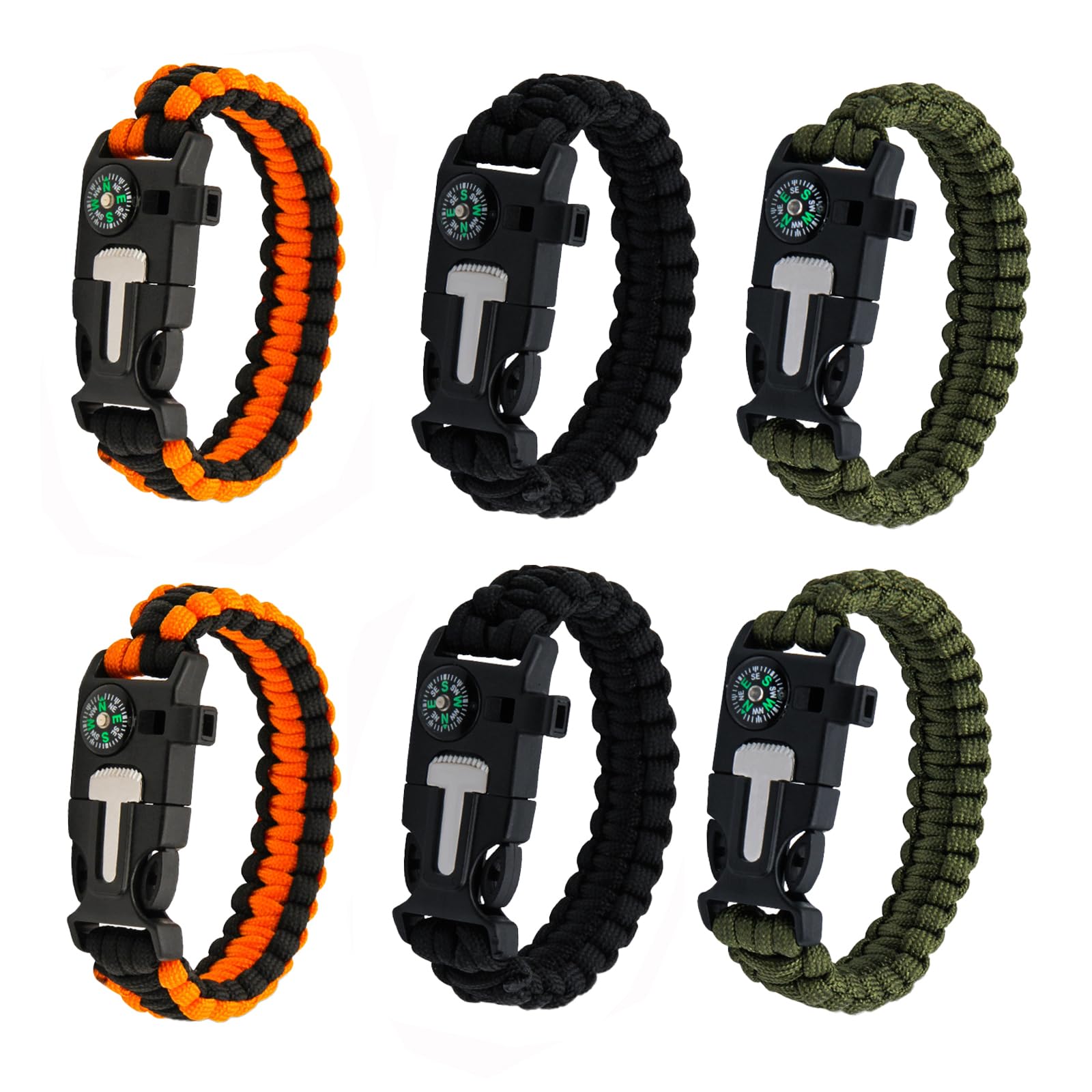 6 Pezzi Paracord Braccialetto Sopravvivenza,Braccialetto Paracord Adatto per Escursionismo Campeggio di Emergenza, Caccia o Pesca(3 Colori