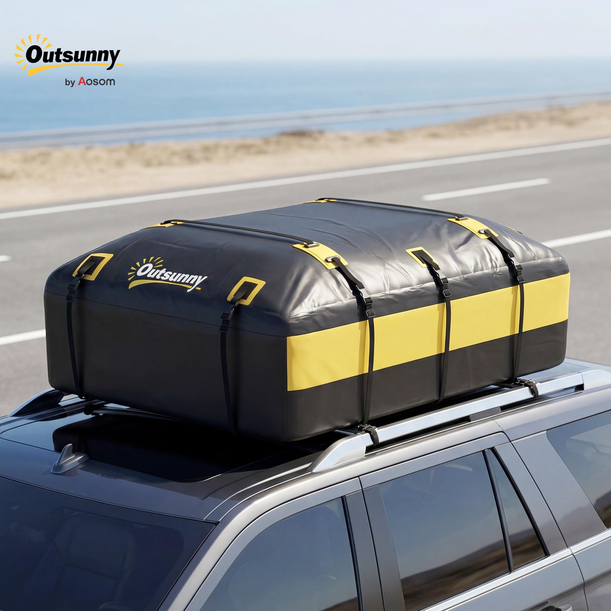 Outsunny Portabagagli da Tetto 595 Litri Impermeabile, Borsa da Tetto Auto con 6 Cinghie Rinforzate, Tappetino Antiscivolo e Ganci per Portiere, Adatto a Tutti i Veicoli con o senza Barre, Giallo