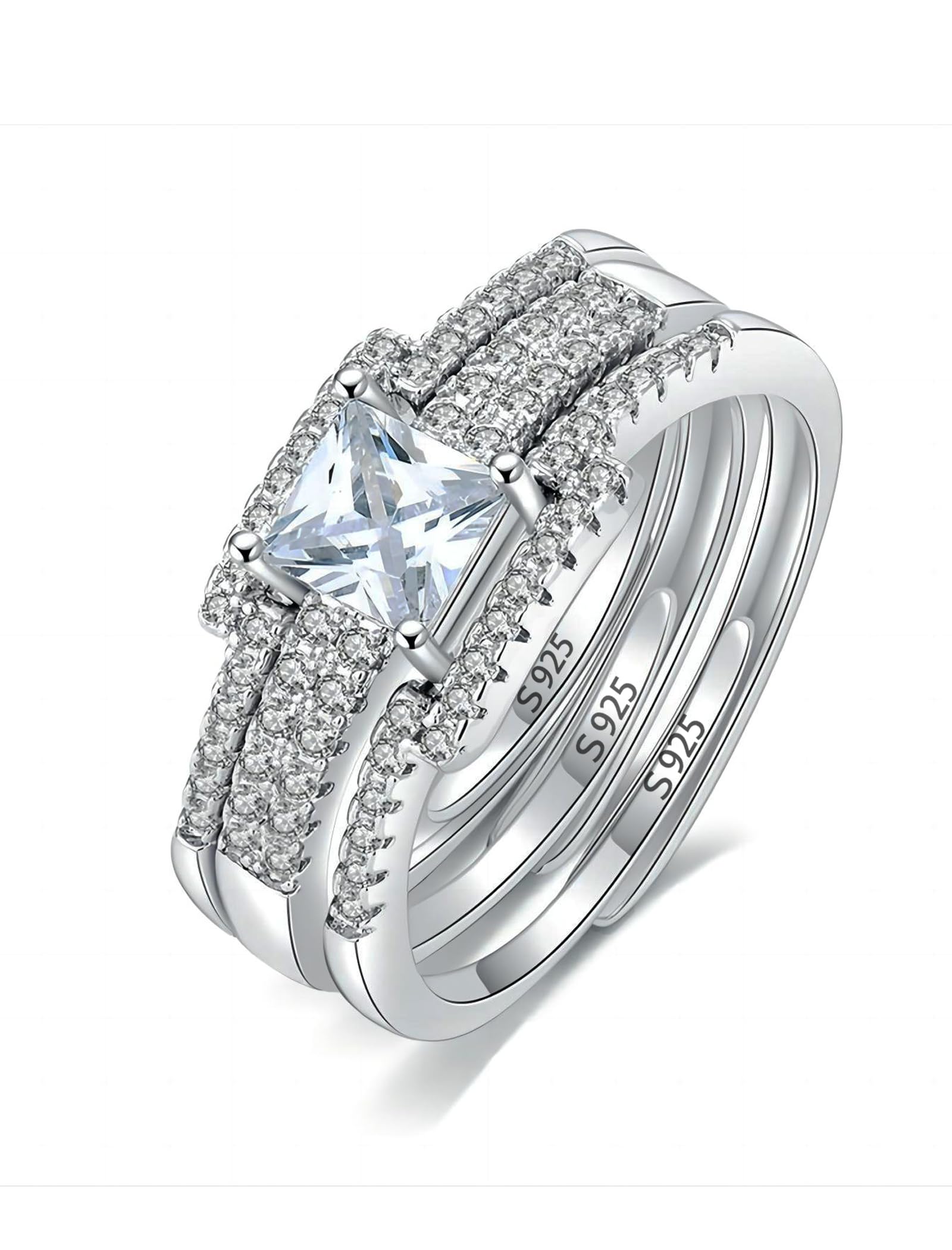 Woman's Sterling Silver 925 Adjustable Ring Diamond Stackable Engagement Rings for Wedding Women Band Rings Sets Cubic Zirconia Jewelry Gift(2PCS)