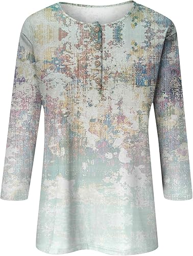 Miniatura 6 de FQZWONG Camisetas de manga 34 para mujer, camisetas Henley de moda, ropa de otoño, blusas casuales para vacaciones, sudaderas vintage