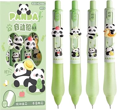 MOZXIRZ 4 Pcs Cute Panda Mechanical Pencils 0.5mm Cartoon Mechanical Pencil Kawaii Soft Grip Mechanical Pencils School Pencil for Students Women Panda