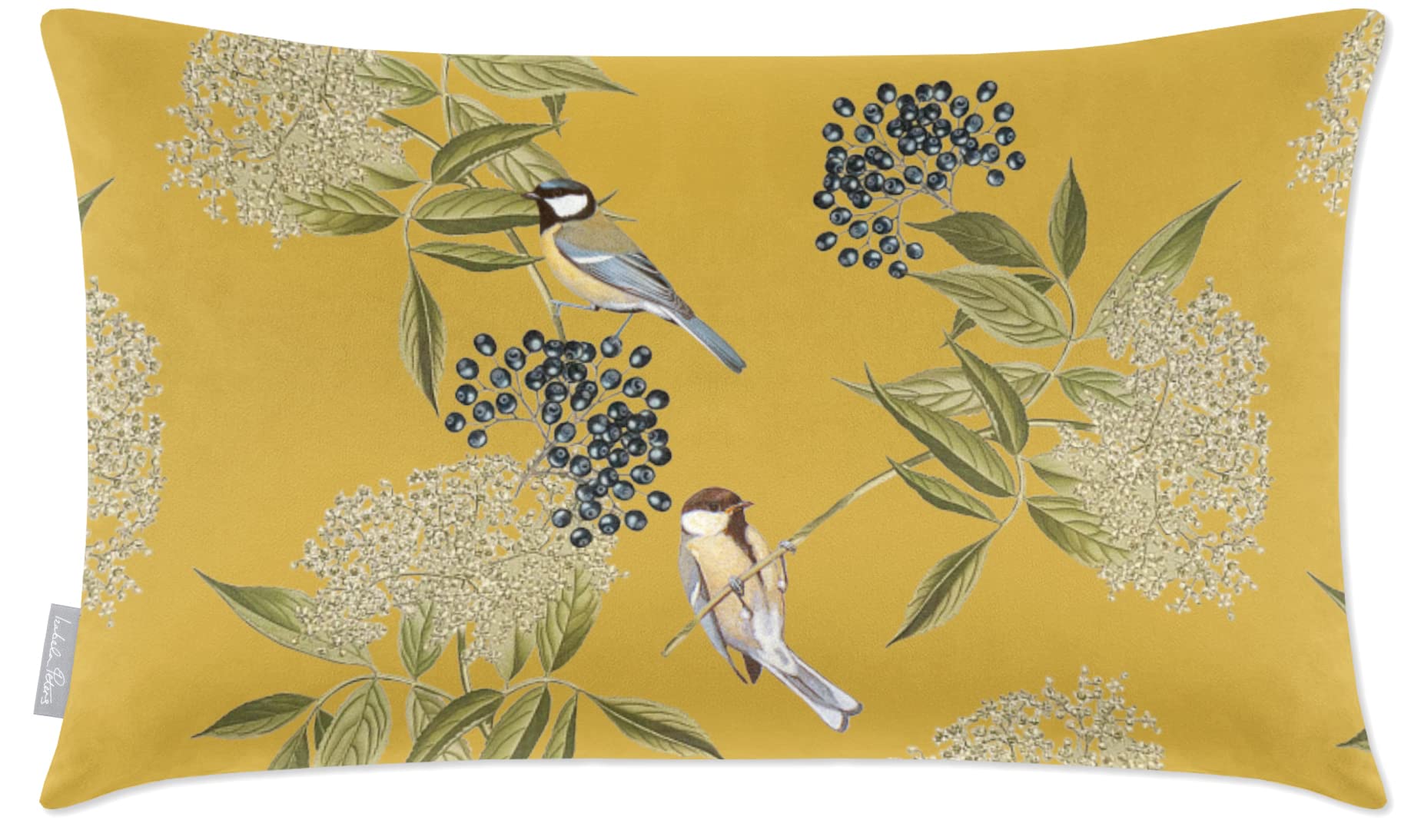 Izabela Peters Bird On Elderflower - Mustard Velvet Cushions - Eco-Friendly, 55 X 35 Cm, Chair & Sofa Cushions