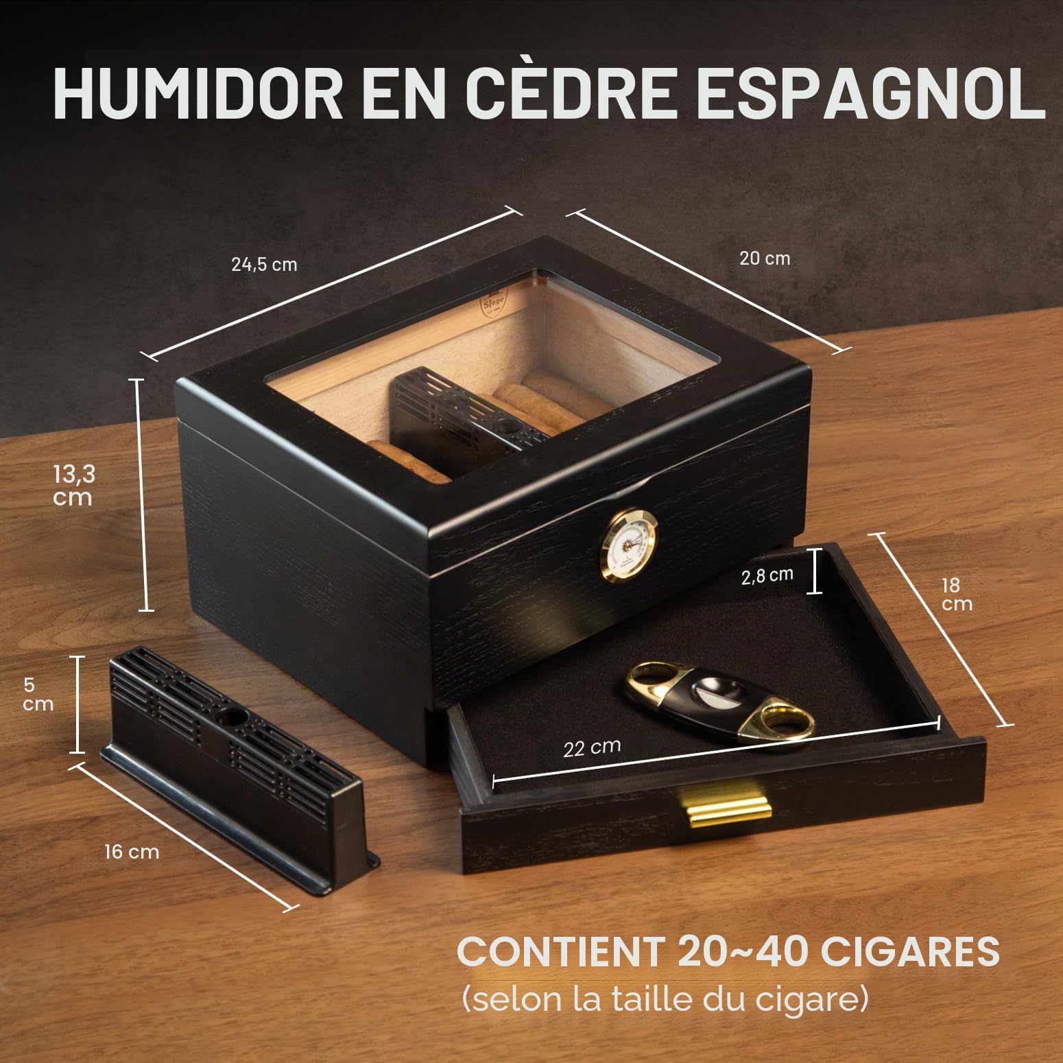 Slege Cave à cigares, Caves à cigares, boîte à cigares en Bois de cèdre Espagnol, Accessoires de cigares, tiroir, avec humidificateur, hygromètre, séparateur, Cadeau pour Homme（Noir）