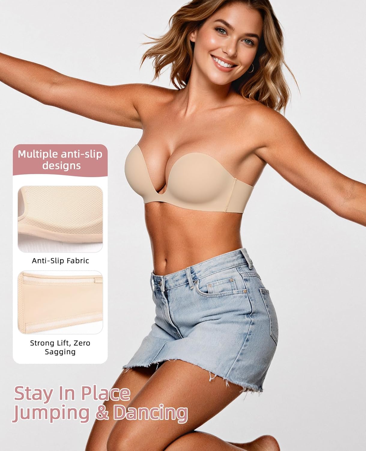 Strapless Push Up Bras for Women Padded Deep Plunge U Shape Halter Non Slip Seamless Bra - Image 2