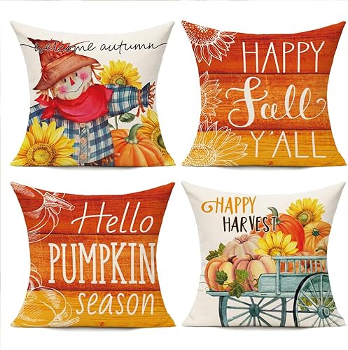 Juego de 4 fundas de almohada de calabaza otoñal para exteriores, 16 x 16 pulgadas, decoración de Halloween, decoración del hogar para sofá, patio,