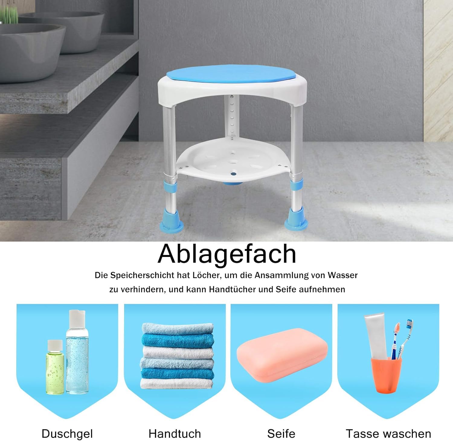 FIVMEN Taburete de ducha giratorio 360°, altura ajustable, 45-57 cm, asiento de ducha antideslizante, soporta hasta 200 kg, para personas mayores, CST-3068