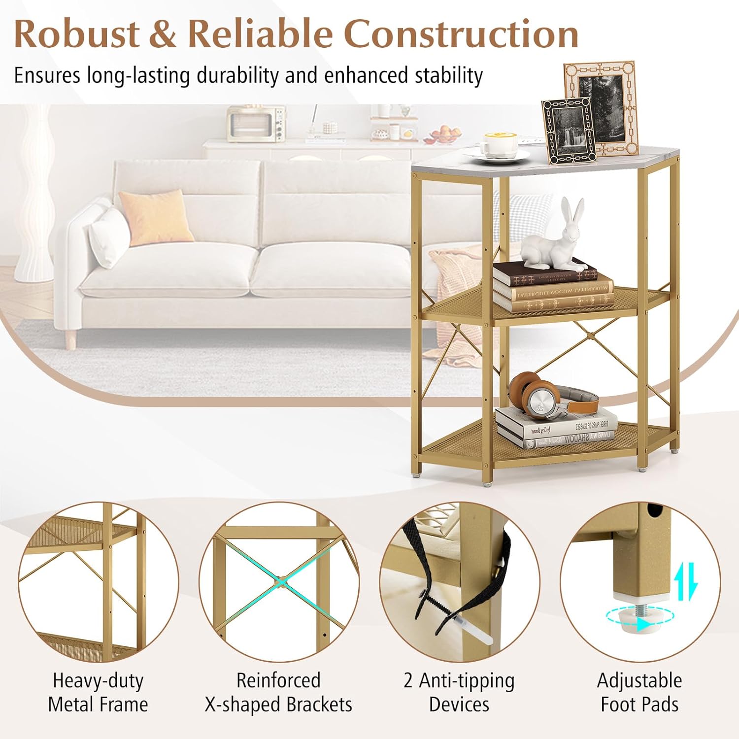 GOFLAME Corner Printer Stand with Charging Station, Freestanding 3-Tier Printer Table with Adjustable Metal Mesh Shelf, Storage Rack Organizer for Home Office Living Room (White)