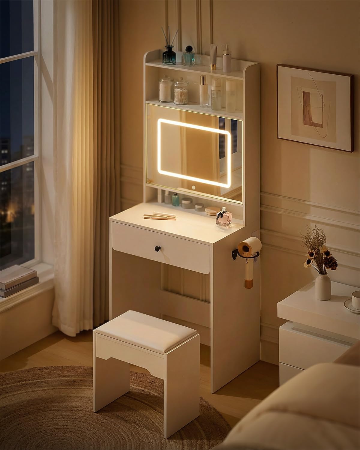 TUKAILAI Kleiner Schminktisch mit Öffnendem Spiegel und LED-Beleuchtung, 60x40x160 cm,Kosmetiktisch mit Spiegel & Steckdose, offene Regale Modern Frisiertisch fürs Schlafzimmer, Weiß