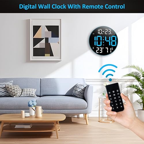 Miniatura 7 de PiKaPiKaP Reloj de pared digital con pantalla grande, reloj digital de 12 pulgadas con control remoto, calendario, atenuación ajustable,