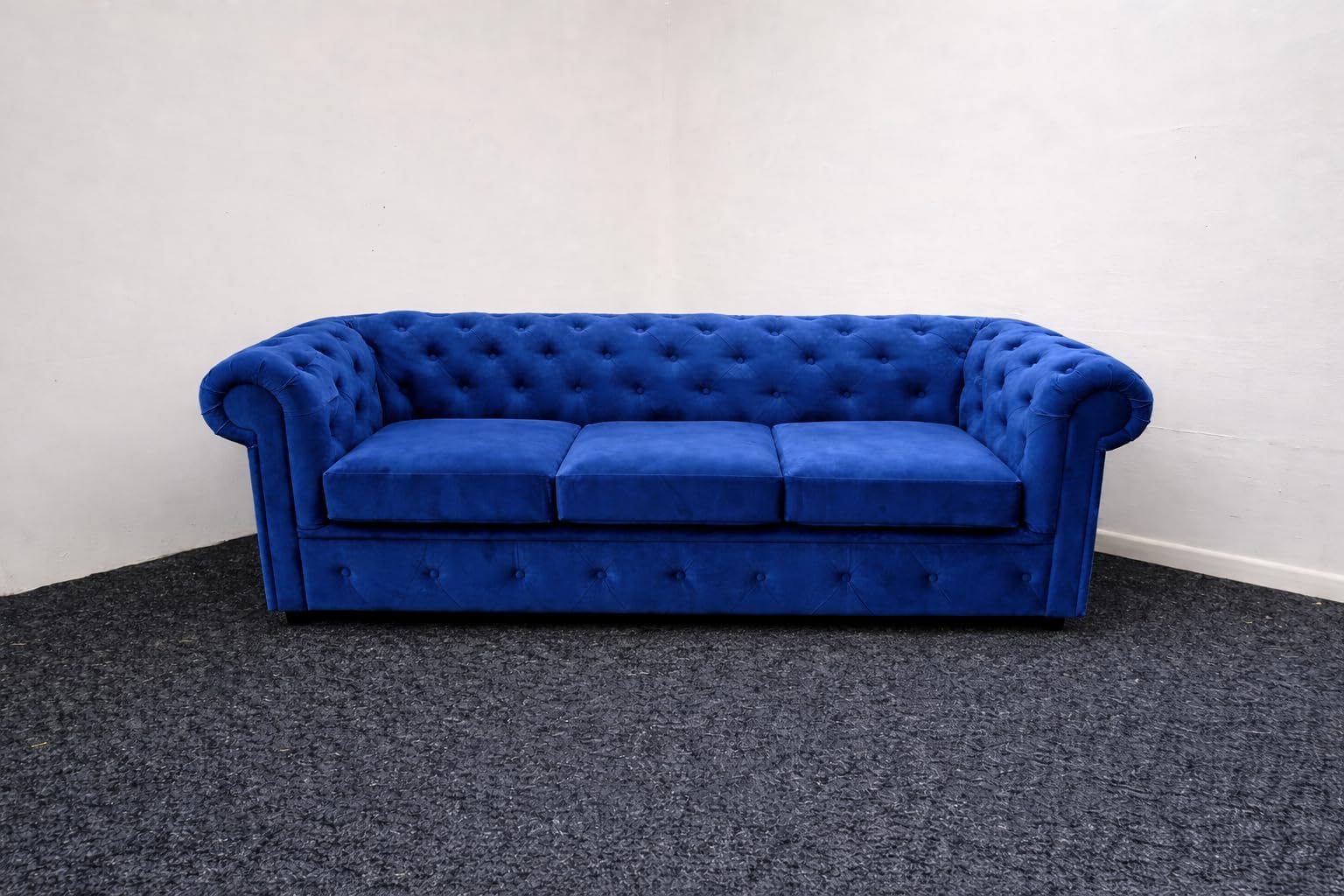 Chesterfield Plush Velvet Sofa Collection | Classic Chesterfield Sofa with Deep Button Tufting, Rolled Arms & Elegant Detailing | Luxury Living Room (Blue, 3 Seater)
