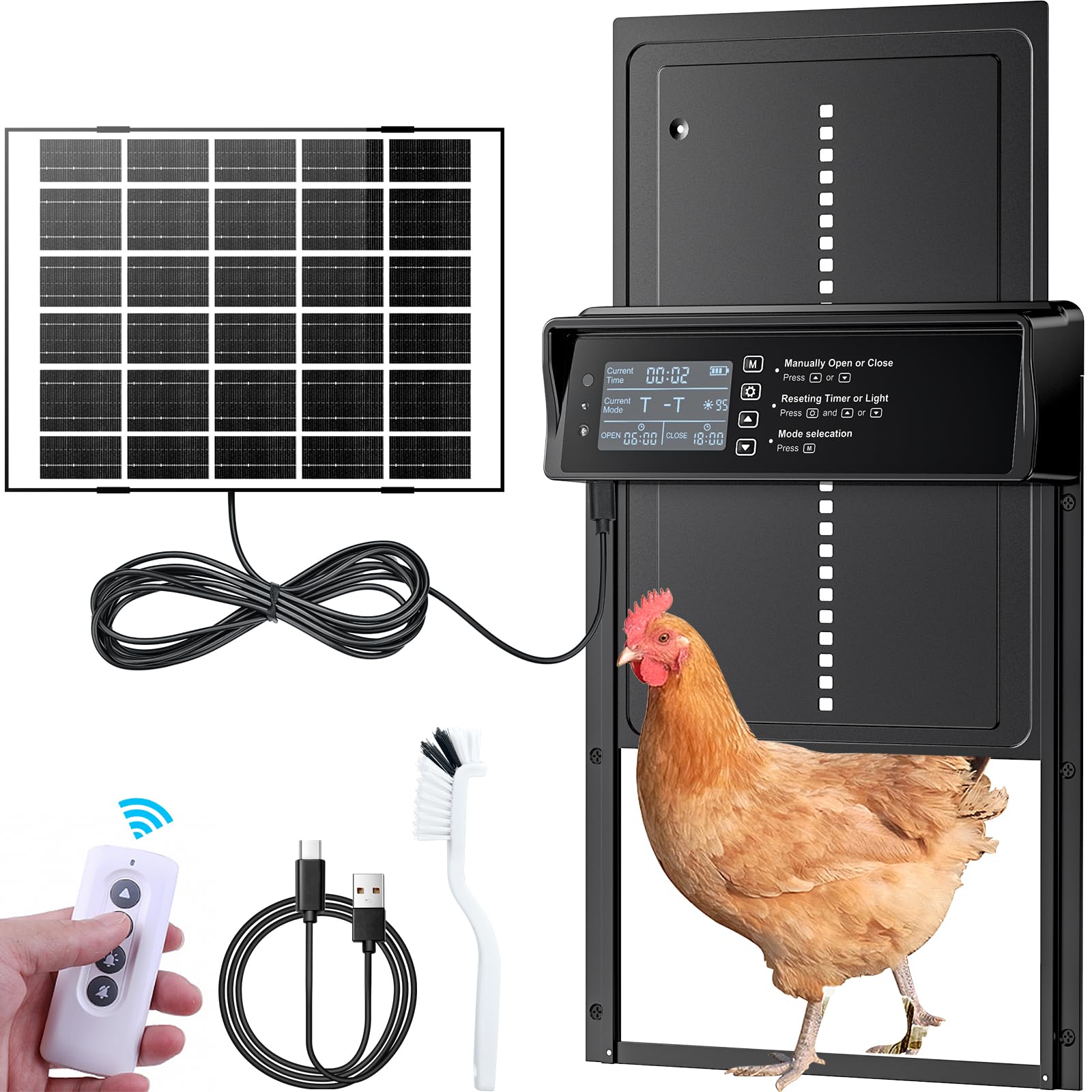 Trappes Solaire pour Poulailler, Porte Automatique Solaire, Affichage LED, Capteur de Lumière, Télécommande, Commande de Minuterie