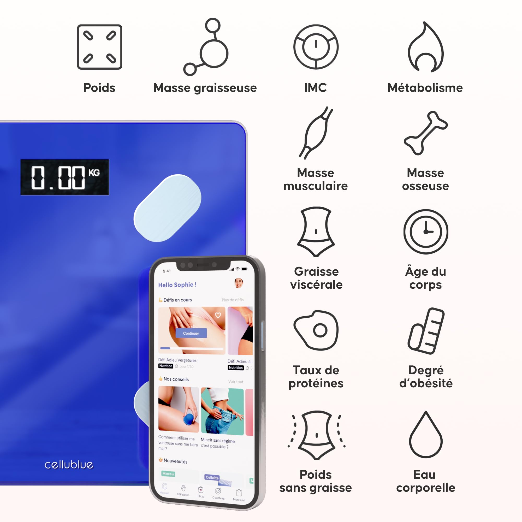 Balance Connectée Minceur Cellublue - Pèse-Personne Intelligent avec 12 Indicateurs de Composition Corporelle, Analyse de Graisse, Muscle et IMC - Compatible Smartphone, Suivi précis de poids