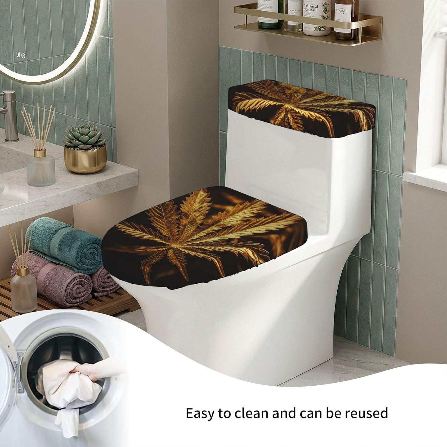 Golden Cannabis Toilet Tank Cover And Toilet Lid Cover Set Stretch Bathroom Toilet Lid Seat Cover