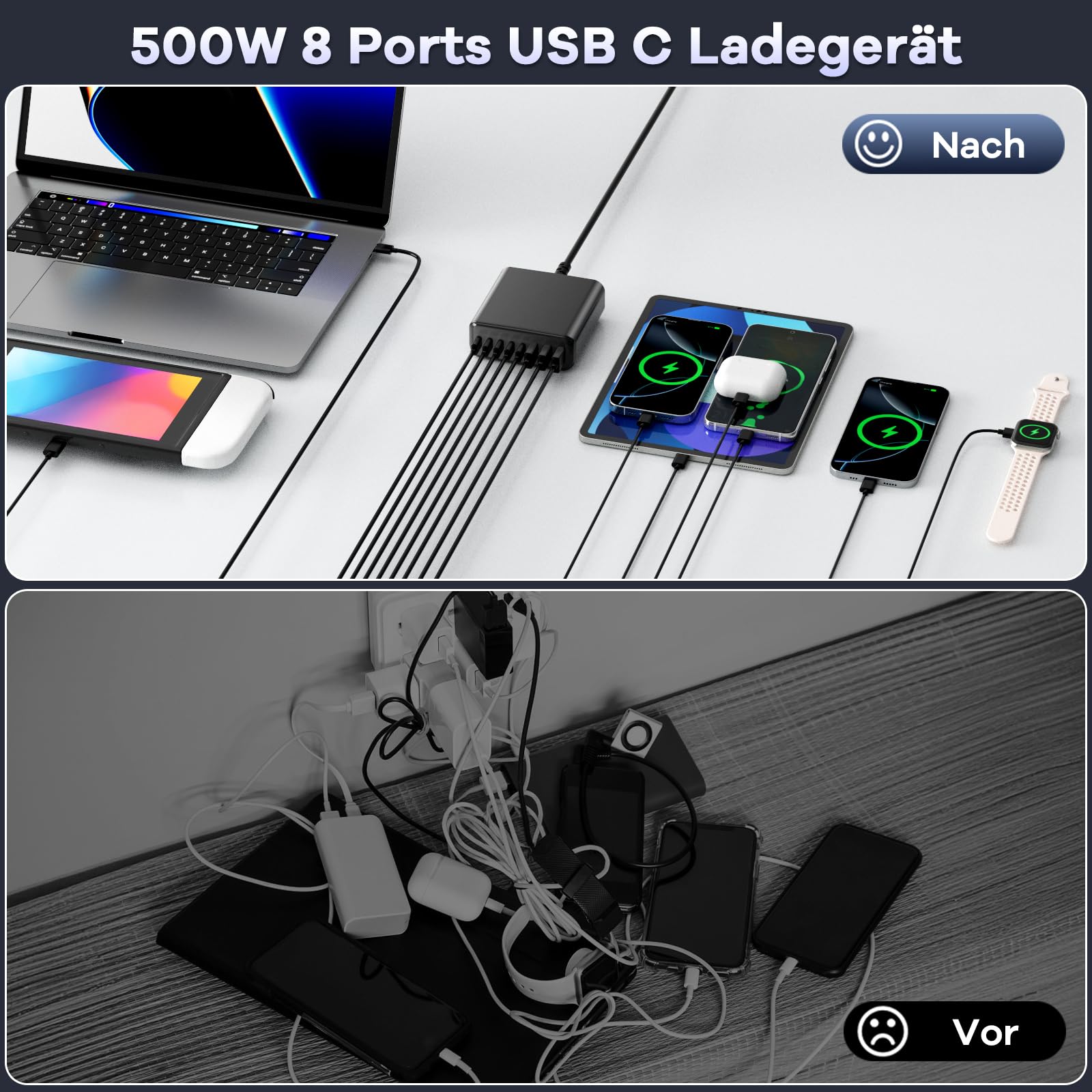 Caricatore USB C da 500 W, multiuso, GaN V 8 porte, caricatore USB multiuso, 500 W, 8 porte, compatibile con MacBook Pro/Air, iPad Pro/Air, iPhone, Android, ecc. (nero, 8 porte 500 W)