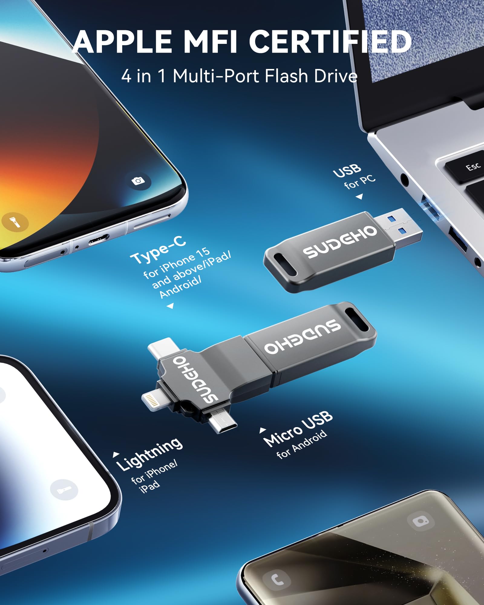 Memoria USB 16GB para Phone, 4 en 1 USB 3.0, Compatible con Pad Android PC, para Fotos vídeos música,Negro carbón - 2