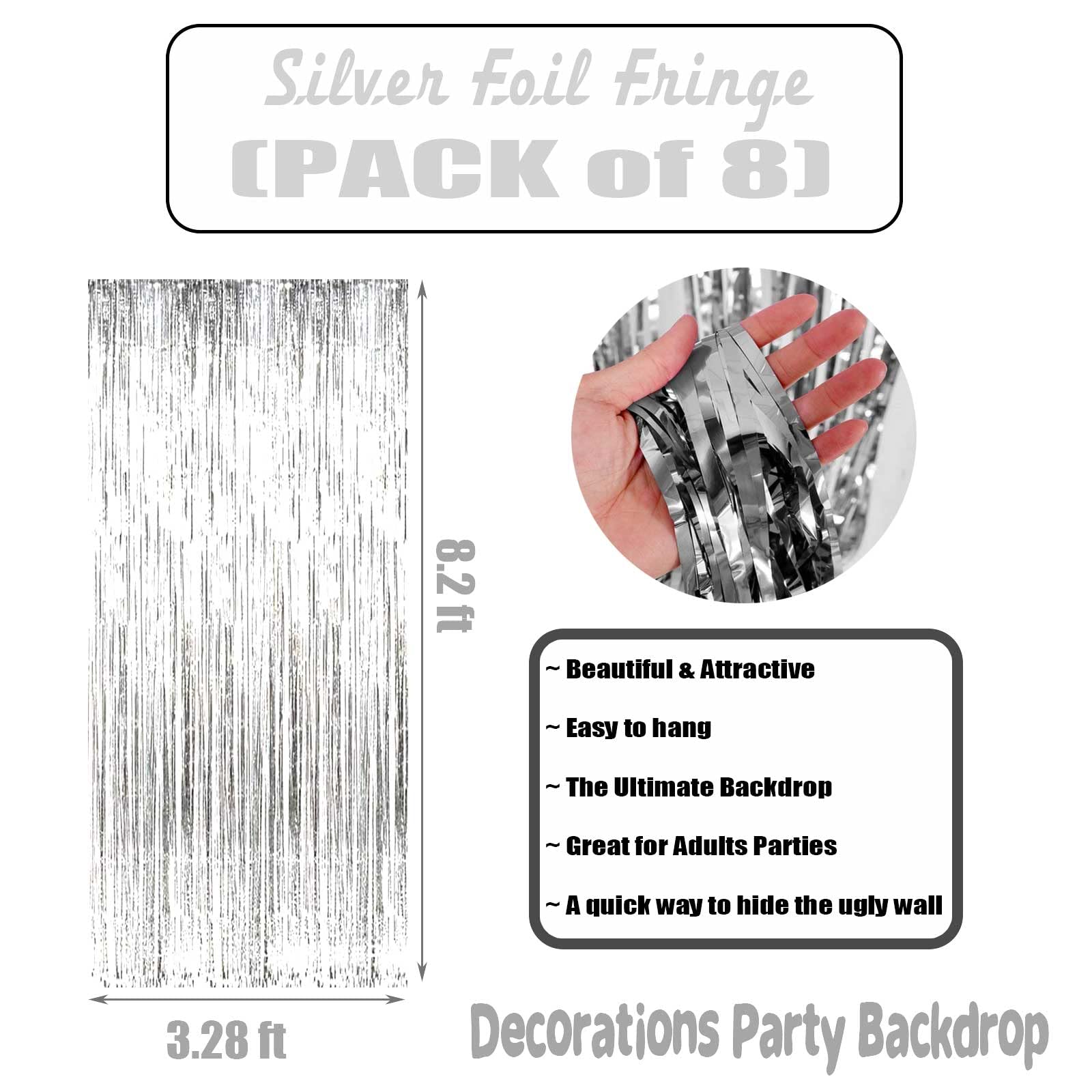 Paquete de 8 cortinas de flecos de aluminio plateado para decoración de fiesta, 3.28 pies x 8.2 pies para fiesta, fotomatón, cumpleaños, boda, suministros de decoración de fiesta de graduación 2022