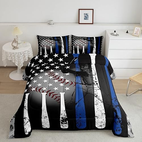 Juego de ropa de cama para niños con temática de béisbol, estilo grunge, con bate de béisbol, baloncesto y softball, juego de edredón para la