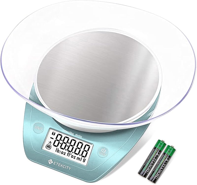 Báscula de cocina para alimentos Etekcity con cuenco, 0,1 g, gramos y onzas | Capacidad de 11 lb/5 kg con tara, tazón extraíble, ideal para hornear, preparar comidas y controlar porciones, acero inoxidable, azul brillante