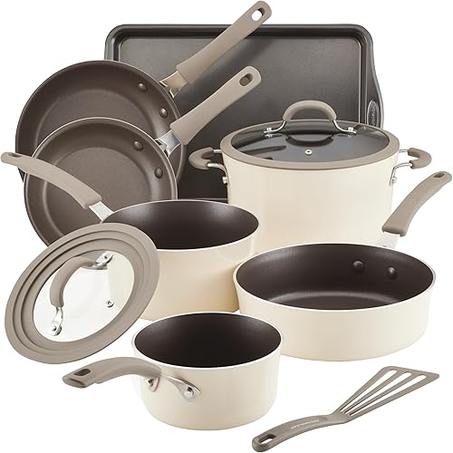 Miniatura 1 de Rachael Ray Cook + Create - Juego de ollas y sartenes antiadherentes, incluye bandeja para hornear y utensilios de cocina, 10 piezas, almendra