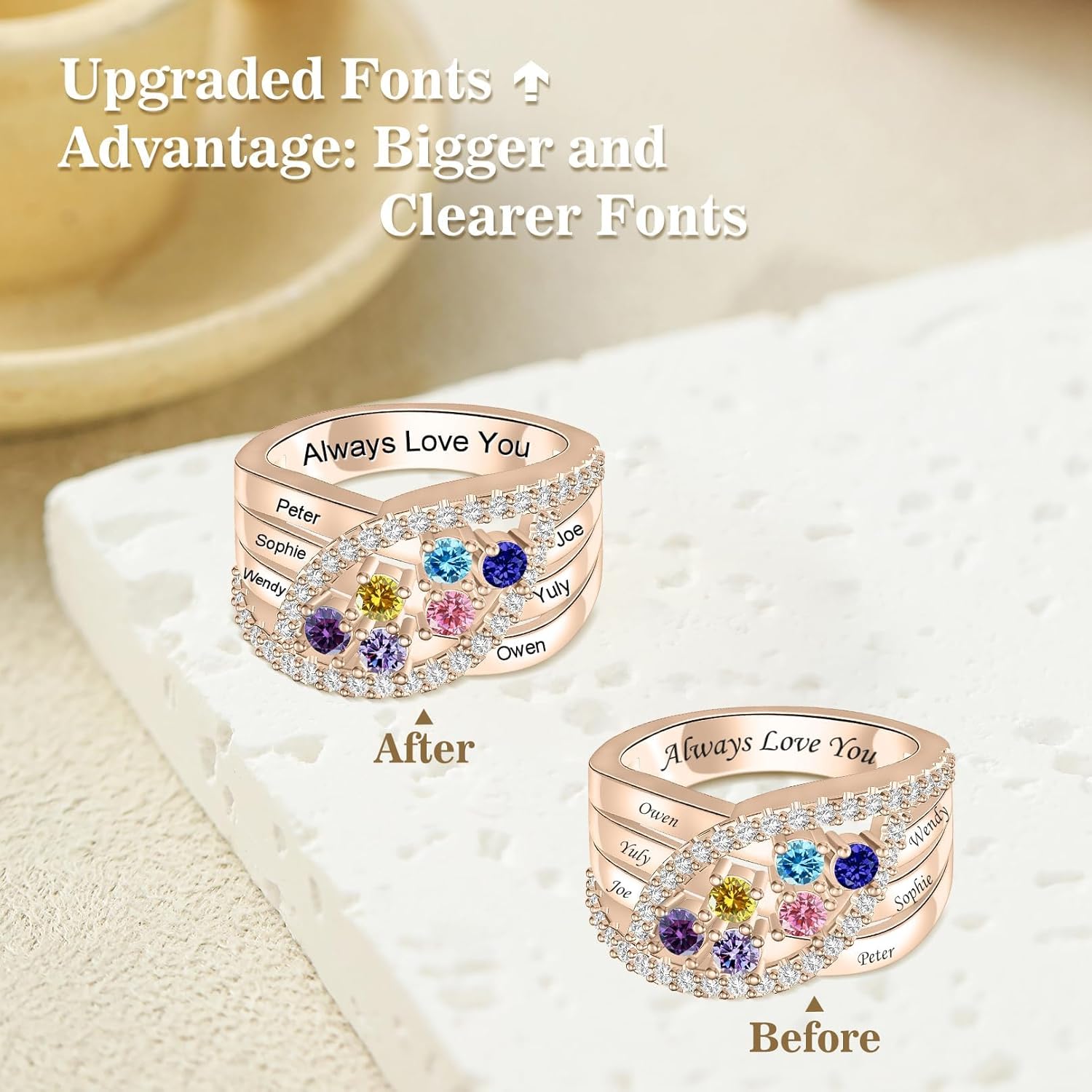 Personalized Name Family Rings Custom 1-6 Birthstones Mother's Rings Sterling Silver Promise Ring for Mother's Day Daughter Grandma Women (3 Stones)