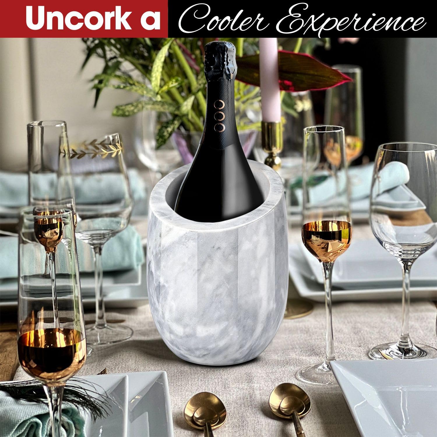 Flexzion Cubo enfriador de vino de mármol, enfriador de champán, enfriadores de vino para botellas y soporte multiusos para utensilios de cocina, enfriador de botellas de vino de piedra adaptable de