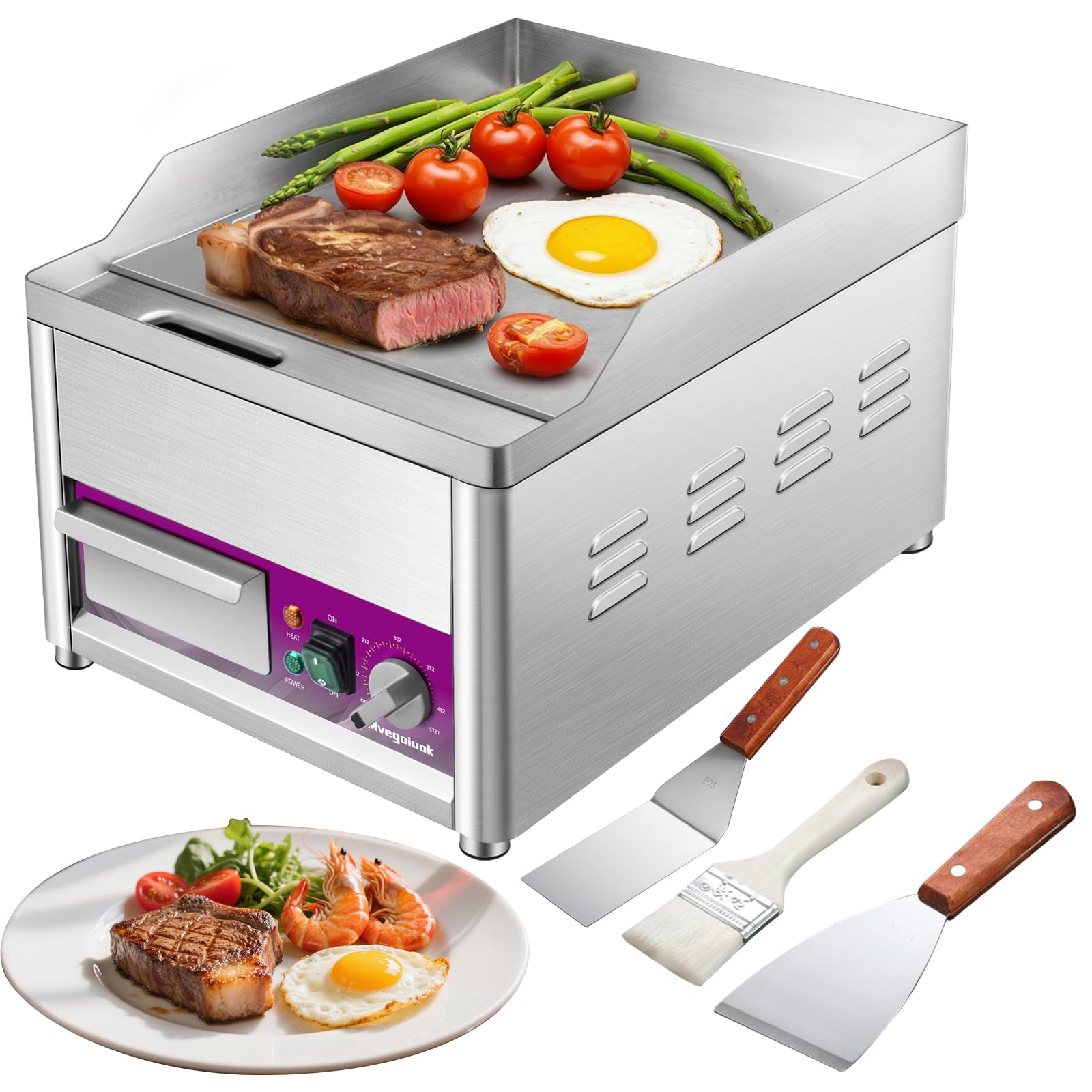 Plancha eléctrica comercial de 14 pulgadas de acero inoxidable para mesa de 1800 W, parrilla de interior eléctrica con parte superior plana sin humo, Parrilla eléctrica para cocinar