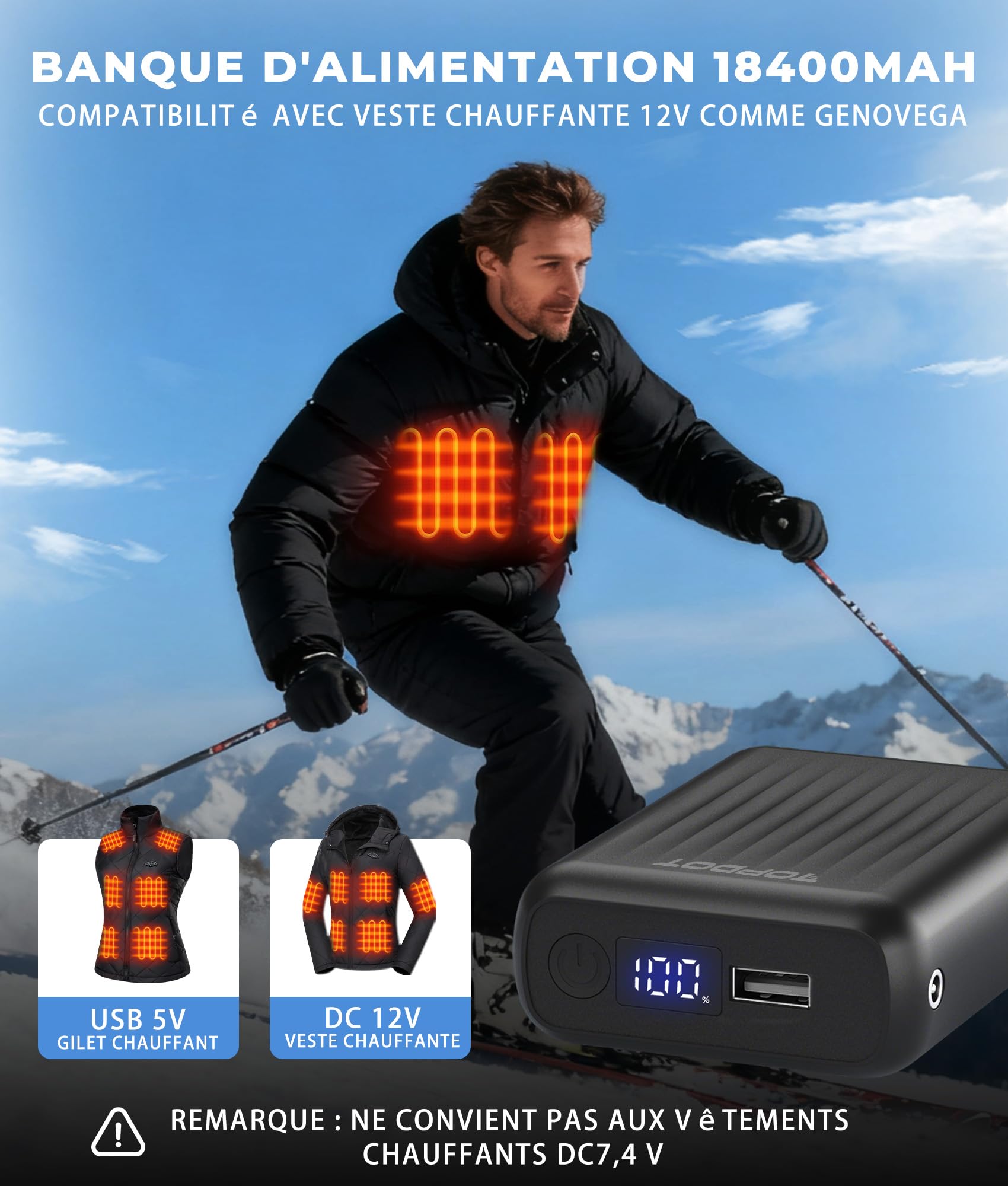 Topdot Batterie Externe 18400 mAh pour Vestes Chauffantes, 12V/7,4 V/5 V