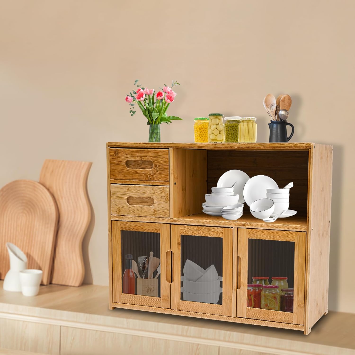 2 Tiers Bamboo Countertop Cabinet, Kitchen Storage Cabinet Pantry Sideboard, Two Drawers and Acrylic Clear Doors, Use for Storage Spice Seasoning Bottles, Plates, Cups, 24.4 x 9 x 18.9in