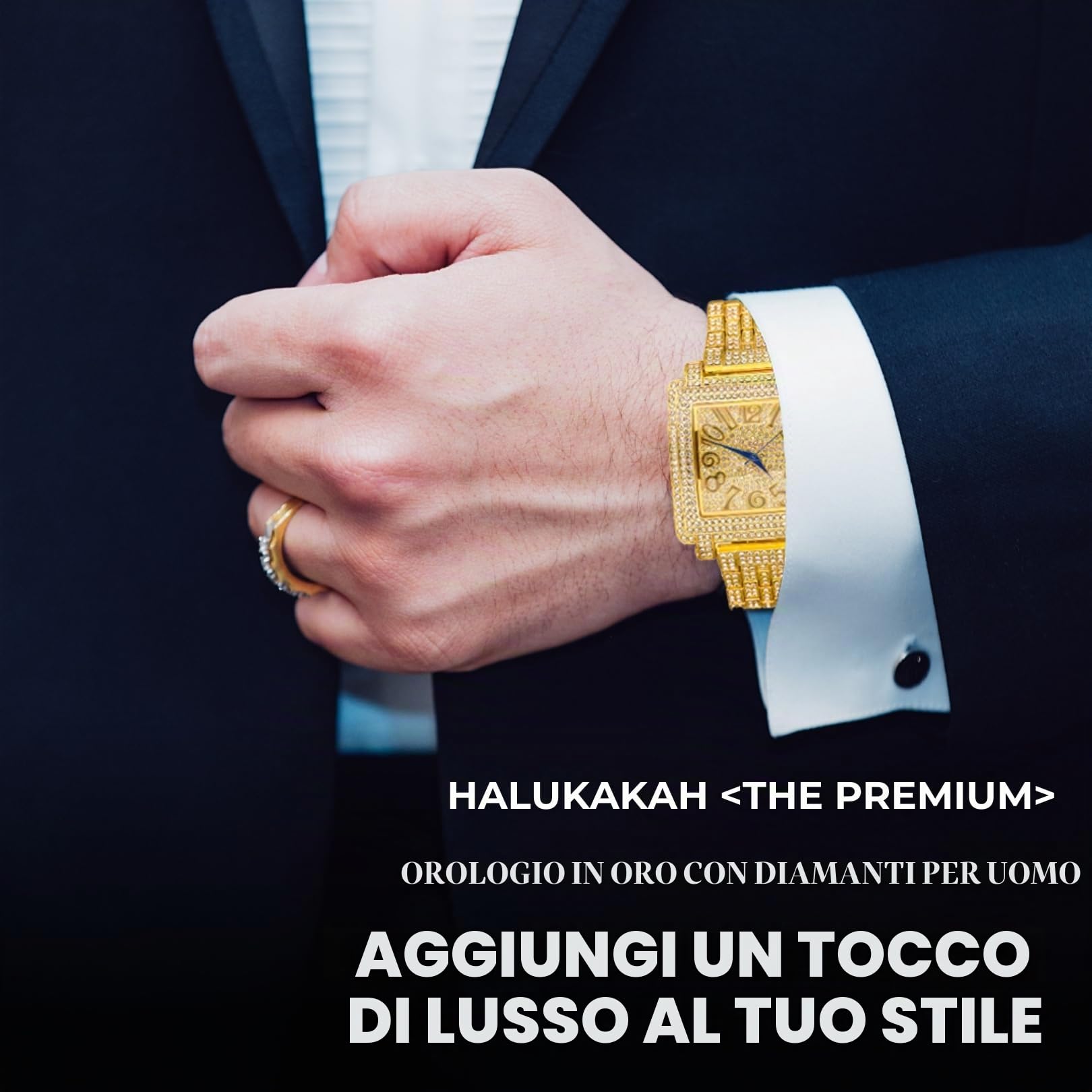 HALUKAKAH Moissanite Orologio in Oro con Diamanti per Uomo,Lusso Placcato in Vero Oro 18k/Oro Bianco Platino,Quadrante Quadrato Extra Grande con Numeri Artistici,Polsino 24cm,con Scatola Regalo
