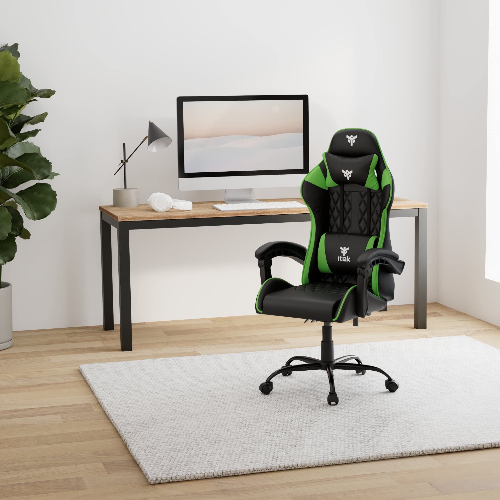 ITEK RHOMBUS PF10 Sedia Gaming ergon. Verde, schienale reclinabile, cuscino poggiatesta, sup. lombare, confort e design, ideale come sedia ufficio, sedia per studio o poltrona per gamer