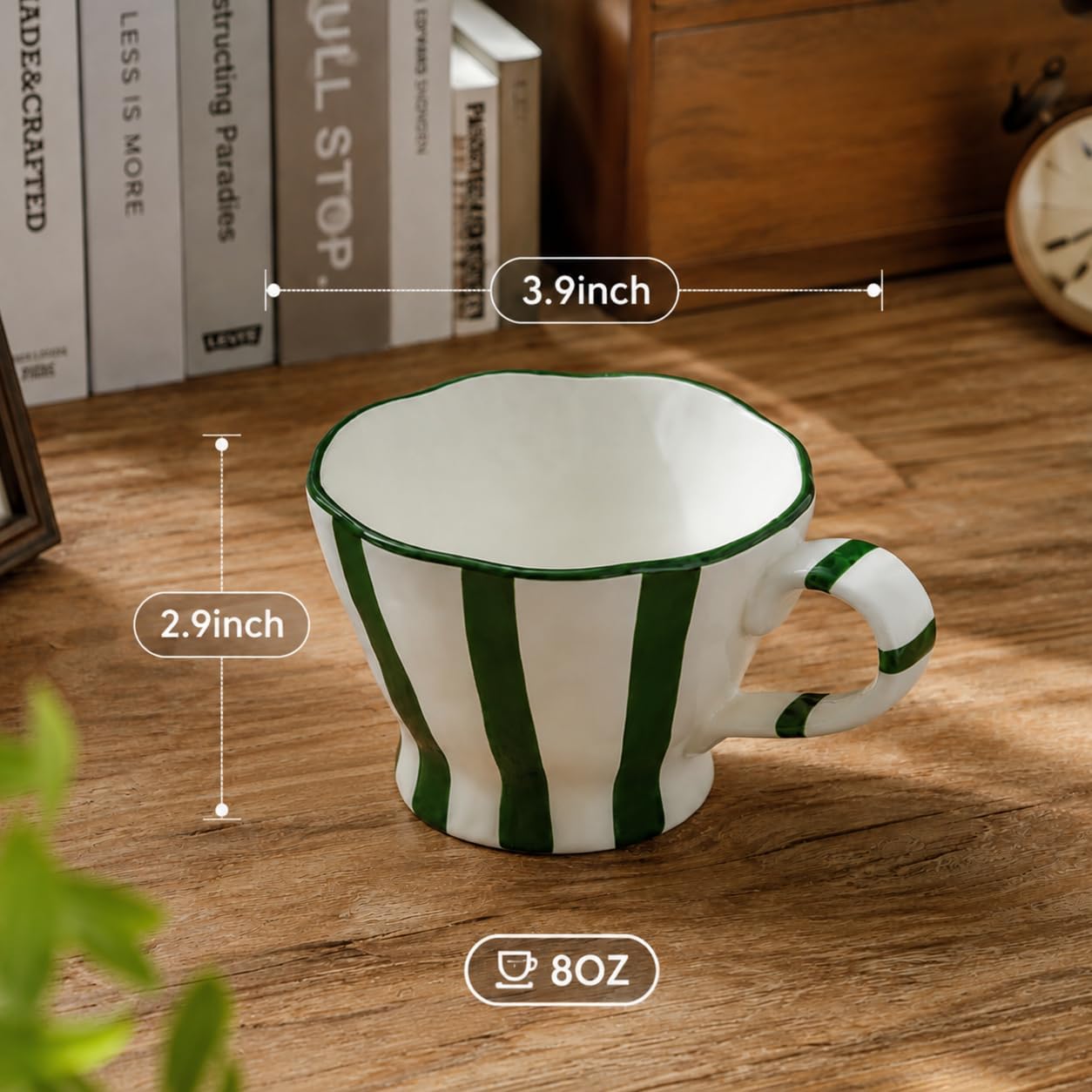 Hand-Painted Stripe Ceramic Coffee Mug – Set of 2 Microwave & Dishwasher Safe, Ergonomic Handle, Perfect for Coffee, Tea, or Hot Chocolate, 8oz Coffee Mugs Gift Set for Home & Office (Green&Brown)