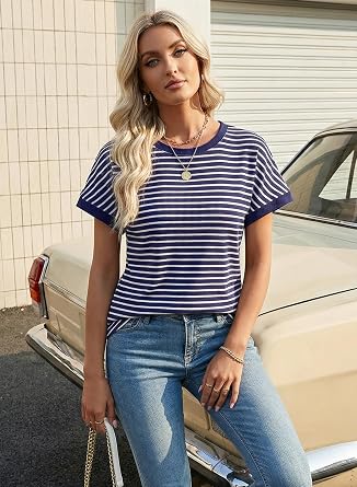Acelitt Womens Striped Shirt Summer Short Sleeve Tops | Comfort Colors Tshirt, 2026 Trendy Knit Tops, Crewneck Tees, Sweaters, Casual Spring Outfits for Business, Work, Teachers