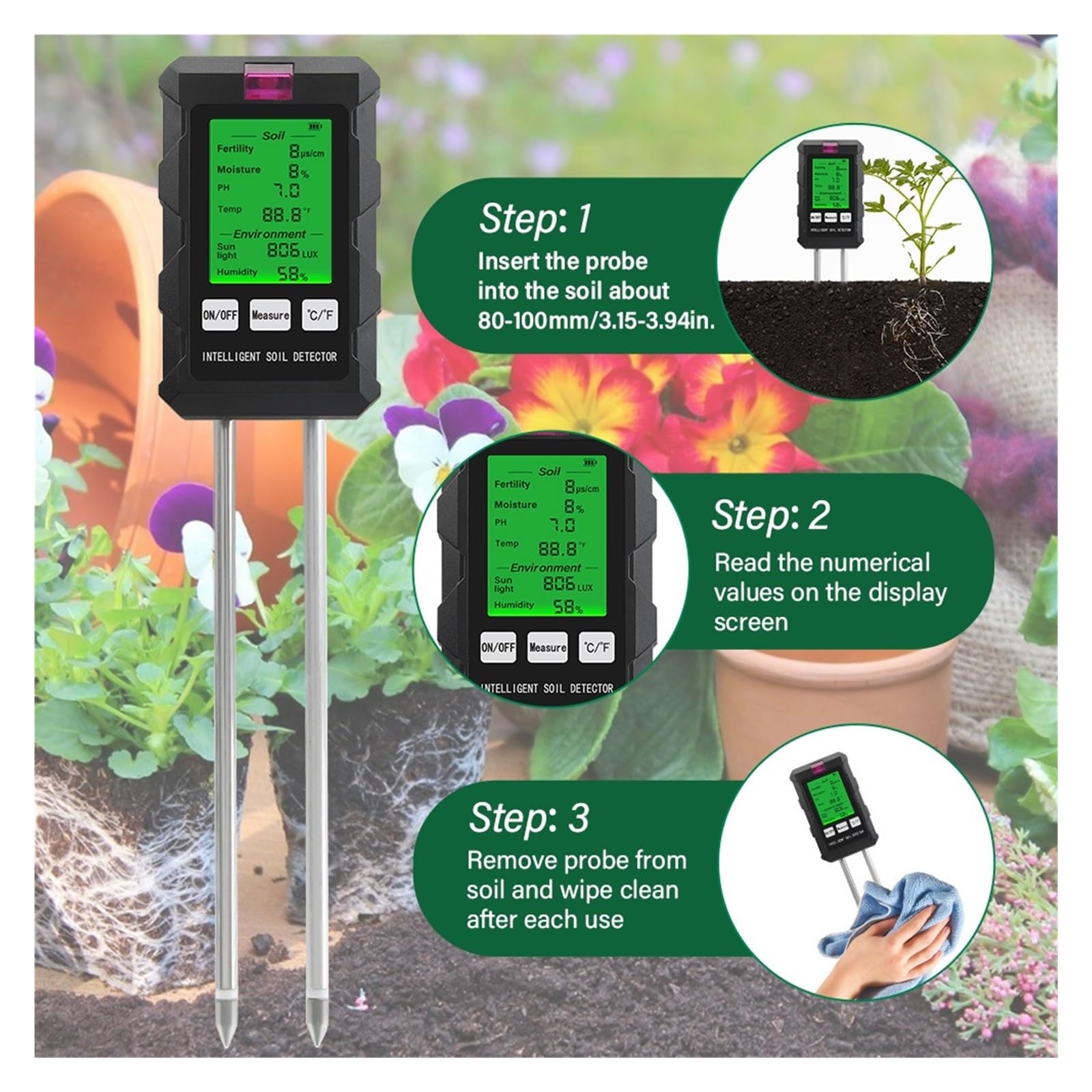 Humidimètre pour Sol, Testeur numérique Multifonction 6 en 1 de pH/température/humidité du Sol, Outil de Jardinage pour Le Jardinage et l'agriculture