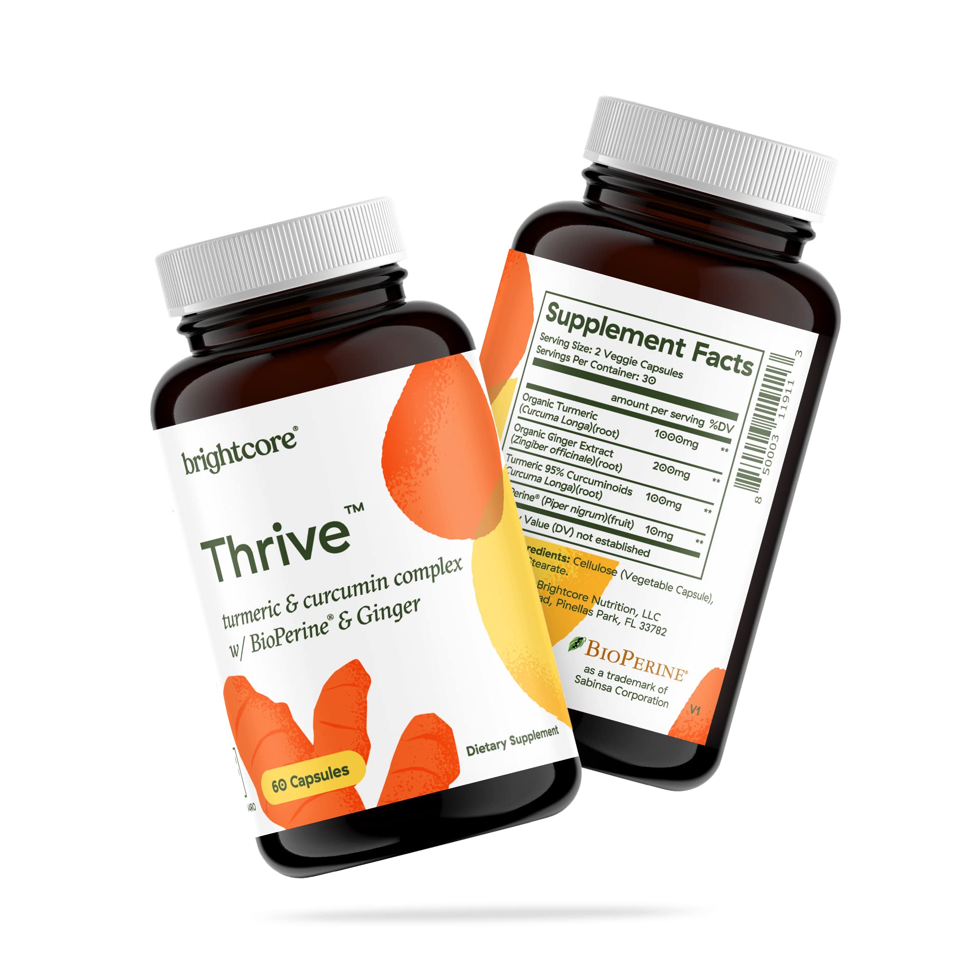 BrightcoreThrive Turmeric Curcumin with Black Pepper BioPerine and Ginger Complex, Turmeric and Ginger Supplement, 30 Servings, 90 Capsules Nutrition