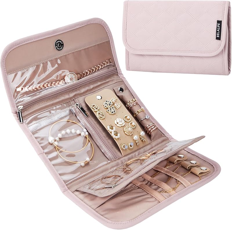 Travel Jewelry Case, Jewelry Organizer Roll for Accessories | Bag with foldable roll design for earrings, necklaces, rings, bracelets and brooches,Pink
