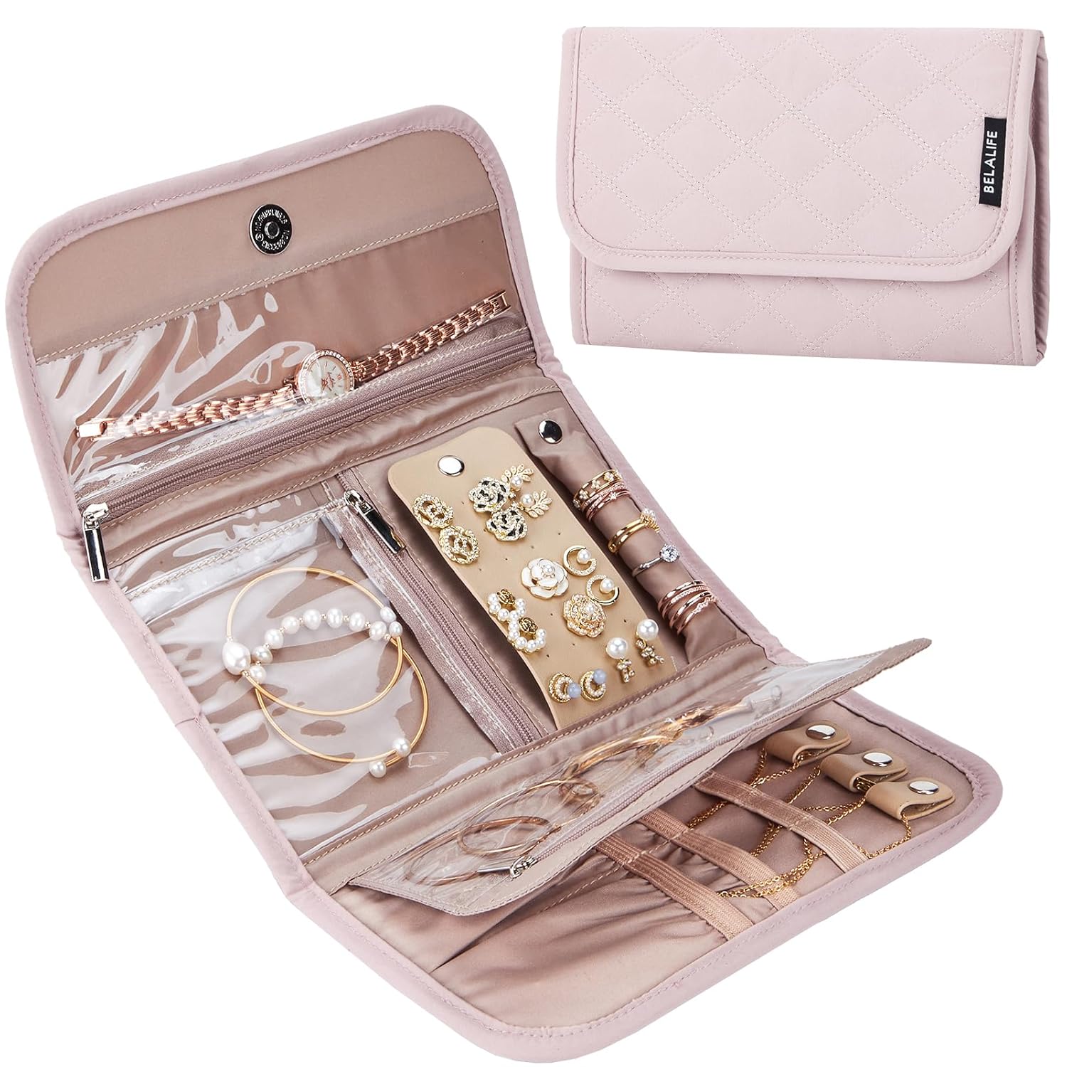 BELALIFE Travel Jewelry Case Organizer Medium Foldable Storage Roll for Earrings Necklaces Rings Bracelets Brooches Pink